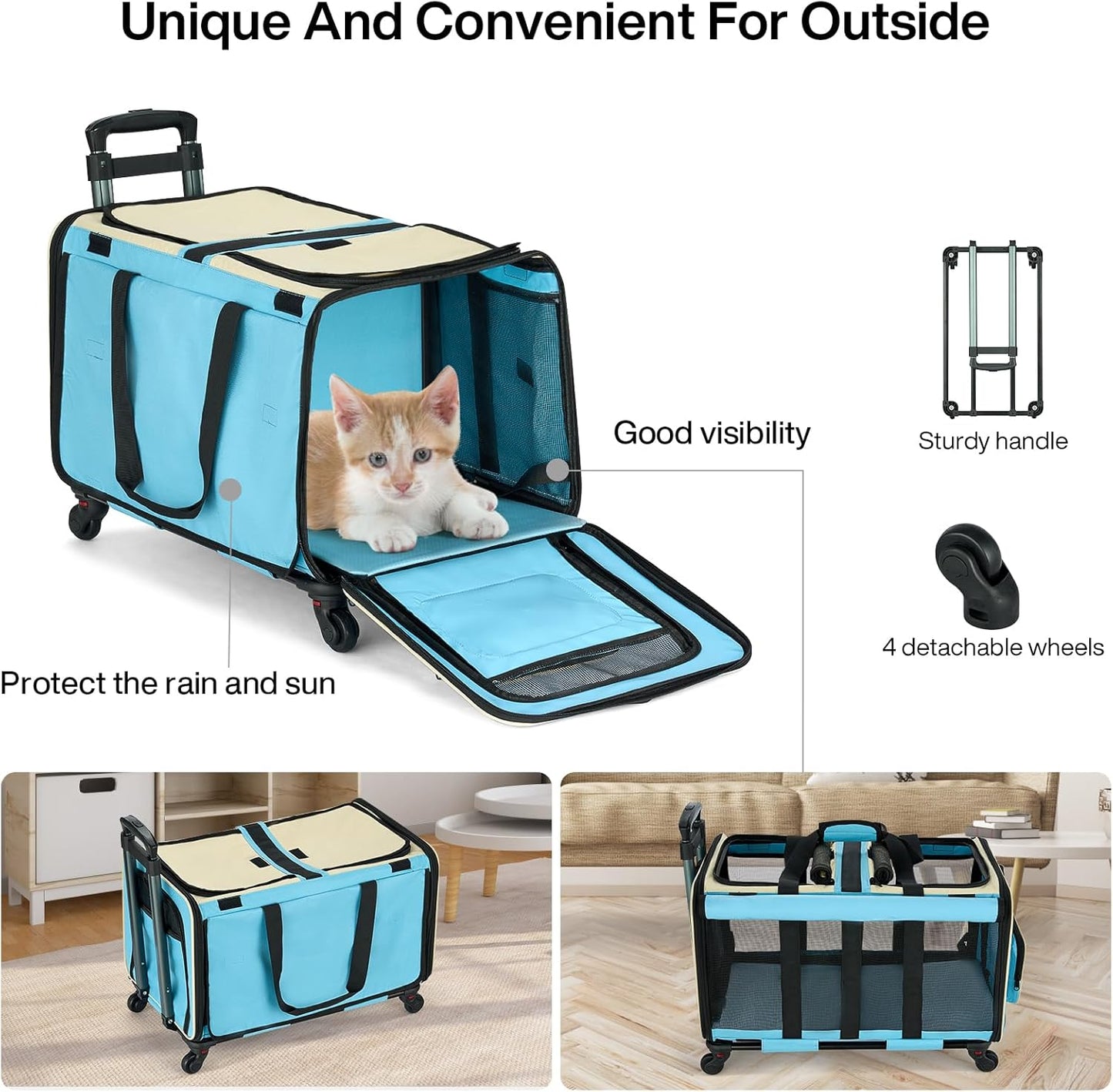 MILADA Large Cat Carrier for 2 Cats, Soft Big Pet Carrier with Wheels, Double Cat Carrier on Wheels, Rolling Pet Carrier for Travel Hiking Shopping and Camping(Not for Air Travel), Blue