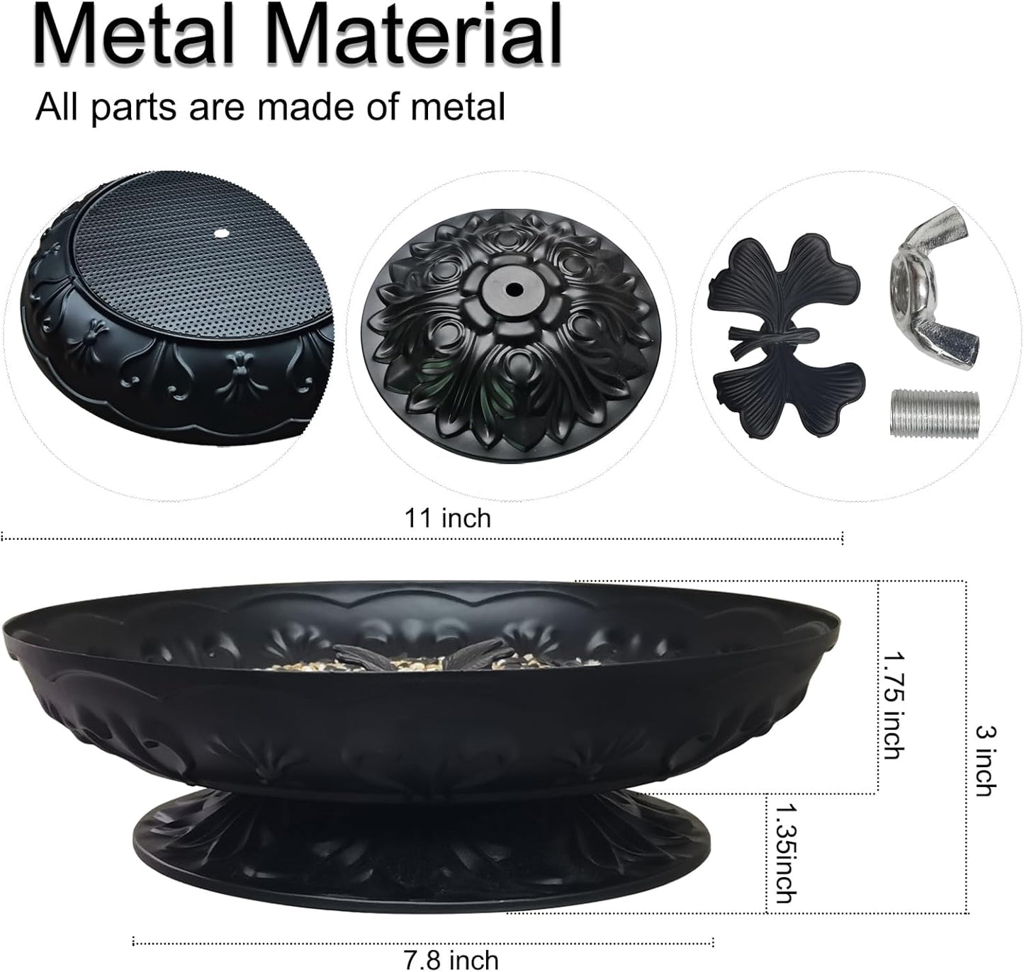 Ground Platform Bird Feeder Tray,11” Metal Large Standing Bird Feeder Mesh Seed Tray,for Outdoor Garden (Black-1 Pack)