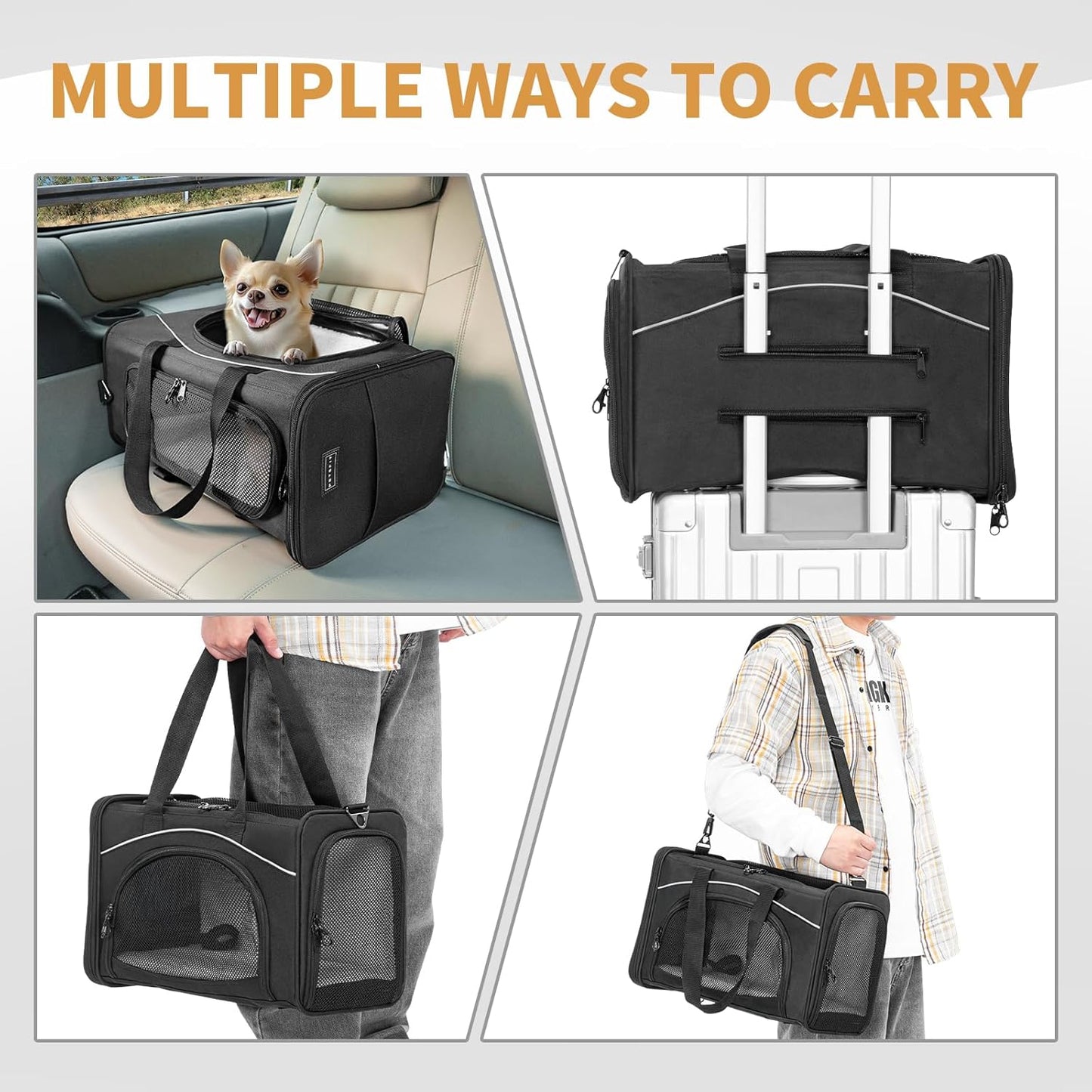 Petsfit Airline Approved Pet Carrier for Small Dogs & Cats, 19x9x12 TSA Approved Carrier, with Removable Dual-Sided Padding (2-Way Placement) - Fits Under Most Airplane Seats, Escape Proof (Black)