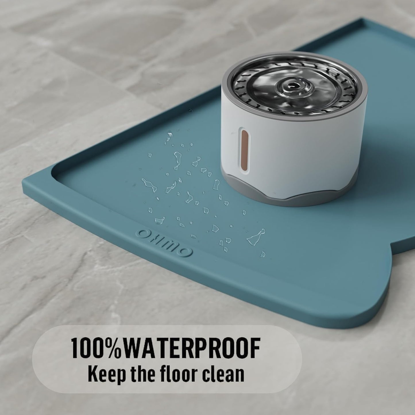 OHMO Dog Food Mat(Light Blue, 24 * 15'') w/Residue Collection Pocket Silicone Pet Feeding Mat for Floor High Edges Anti Spills Waterproof Cat Water Bowl Tray, Easy Clean Placemat