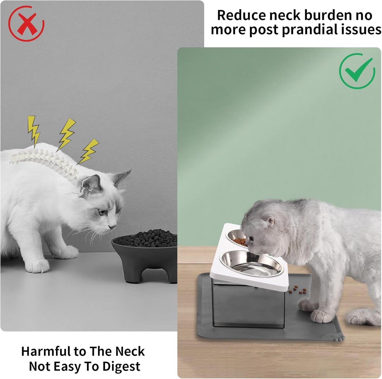 Upgraded Elevated Cat Bowls with Food Mat,15°Tilted Stand Anti Vomiting Raised Cat Dishes for Food and Water,2 Stainless Steel Bowls for Cats and Puppy(White)