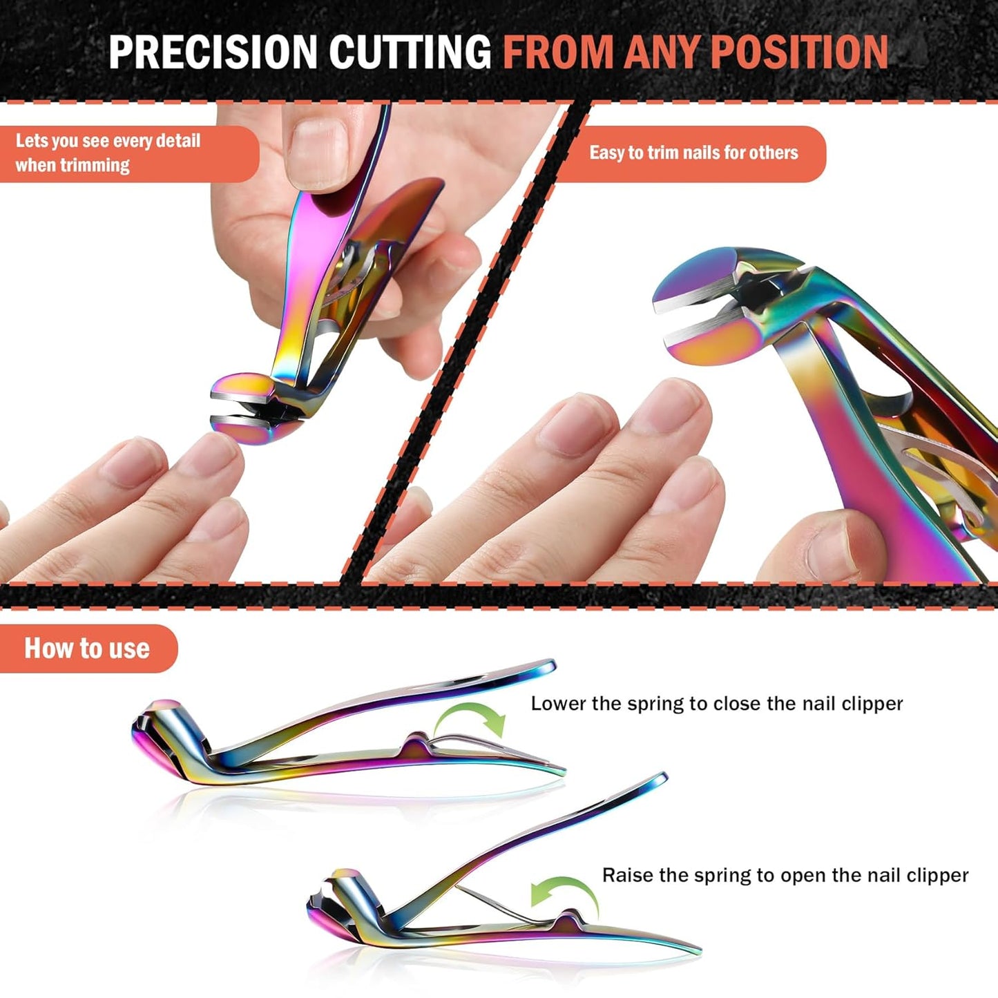 BEZOX Angled Head Toe Nail Clippers for Seniors - Ergonomic Toenail Clipper for Thick Nails for Elderly, Finger Nail Clippers with Catcher for Men and Women - Rainbow