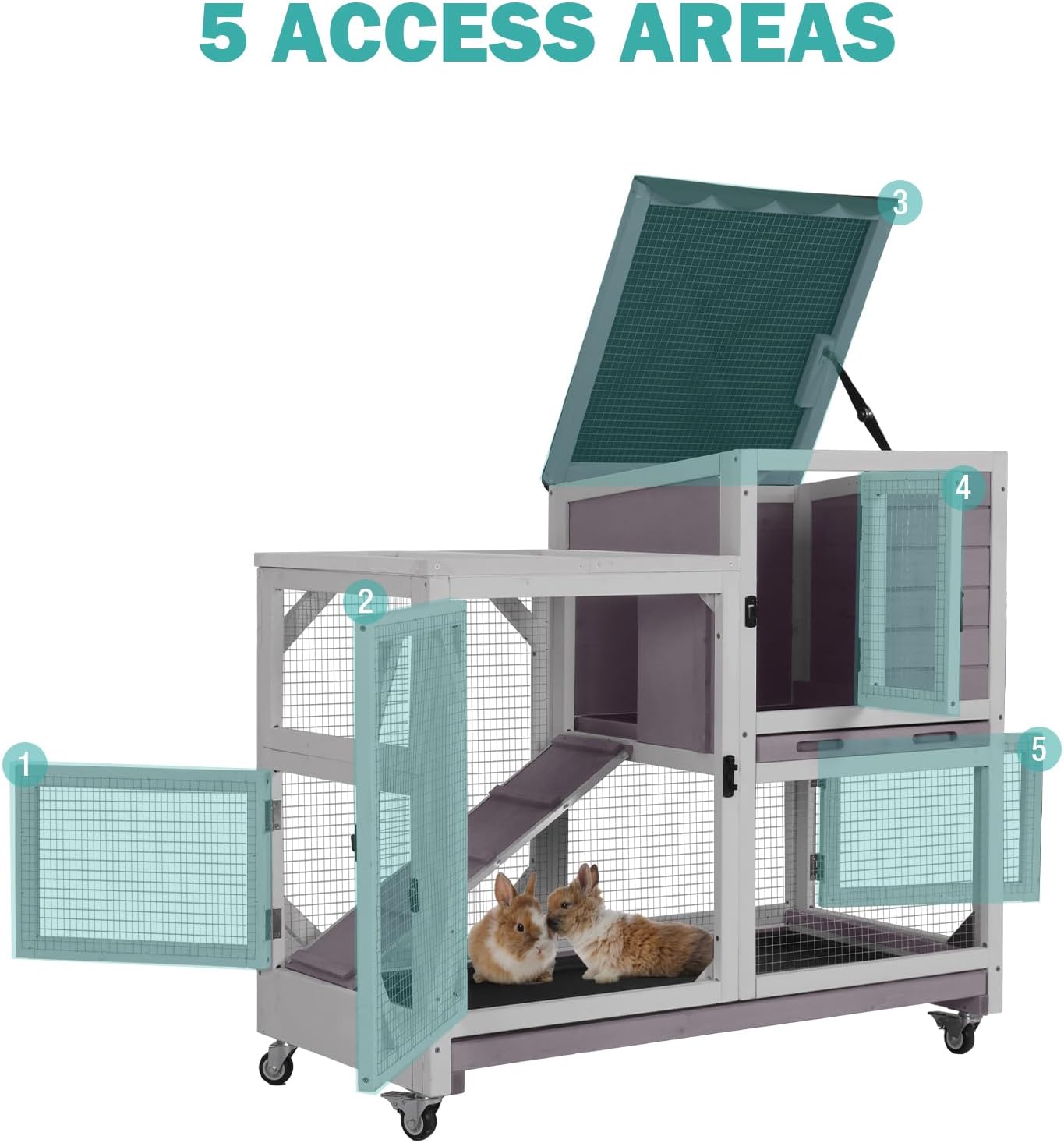 Rabbit Hutch Indoor for 2-4 Rabbits & Guinea Pigs,Bunny Cage with Slide-Out Plastic Trays,Wooden Small Animal Cage for Rabbits, Bunnies, and Guinea Pigs