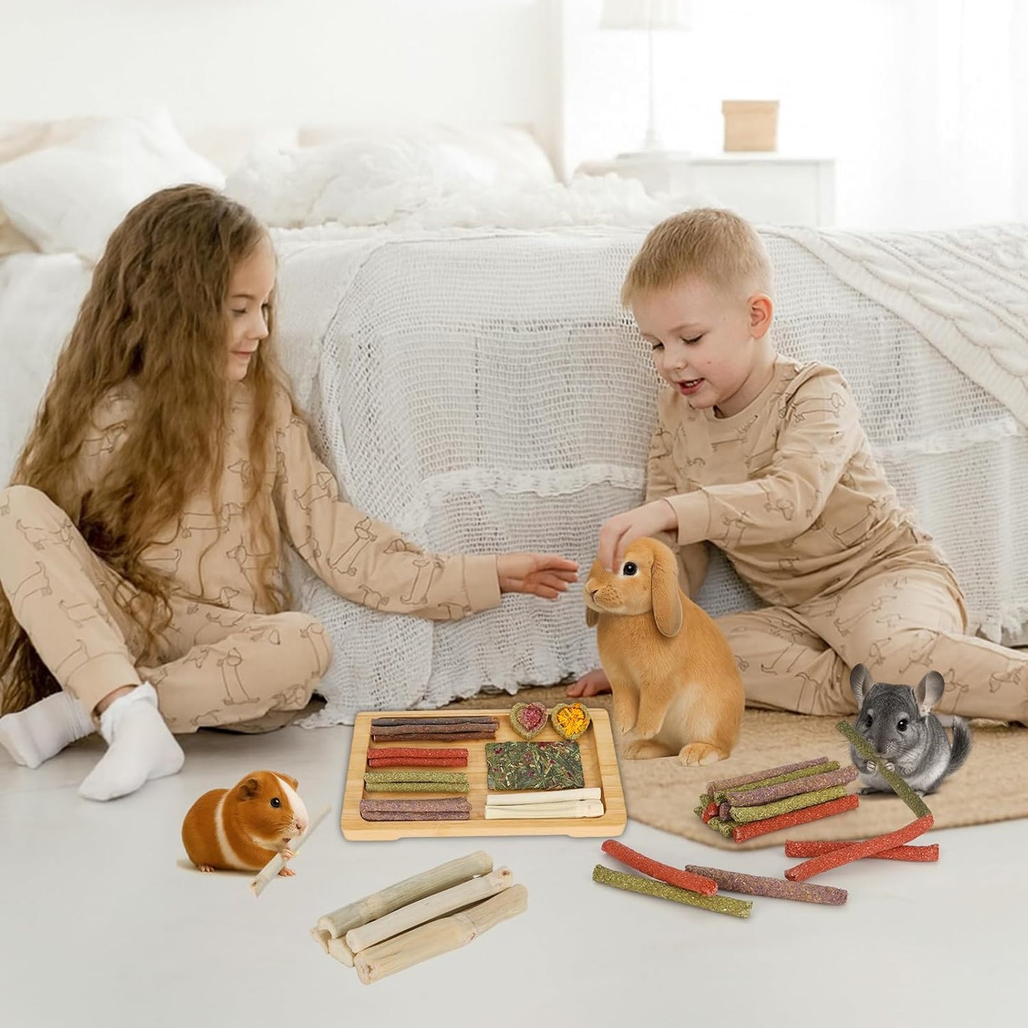 65PCS Rabbit Bunny Guinea Pig Chew Toys Treats, Chinchilla Hamster Chews Toys for Teeth, Timothy Hay Chips Treats Sticks for Rabbit Guinea Pig Chinchilla Hamster Rat