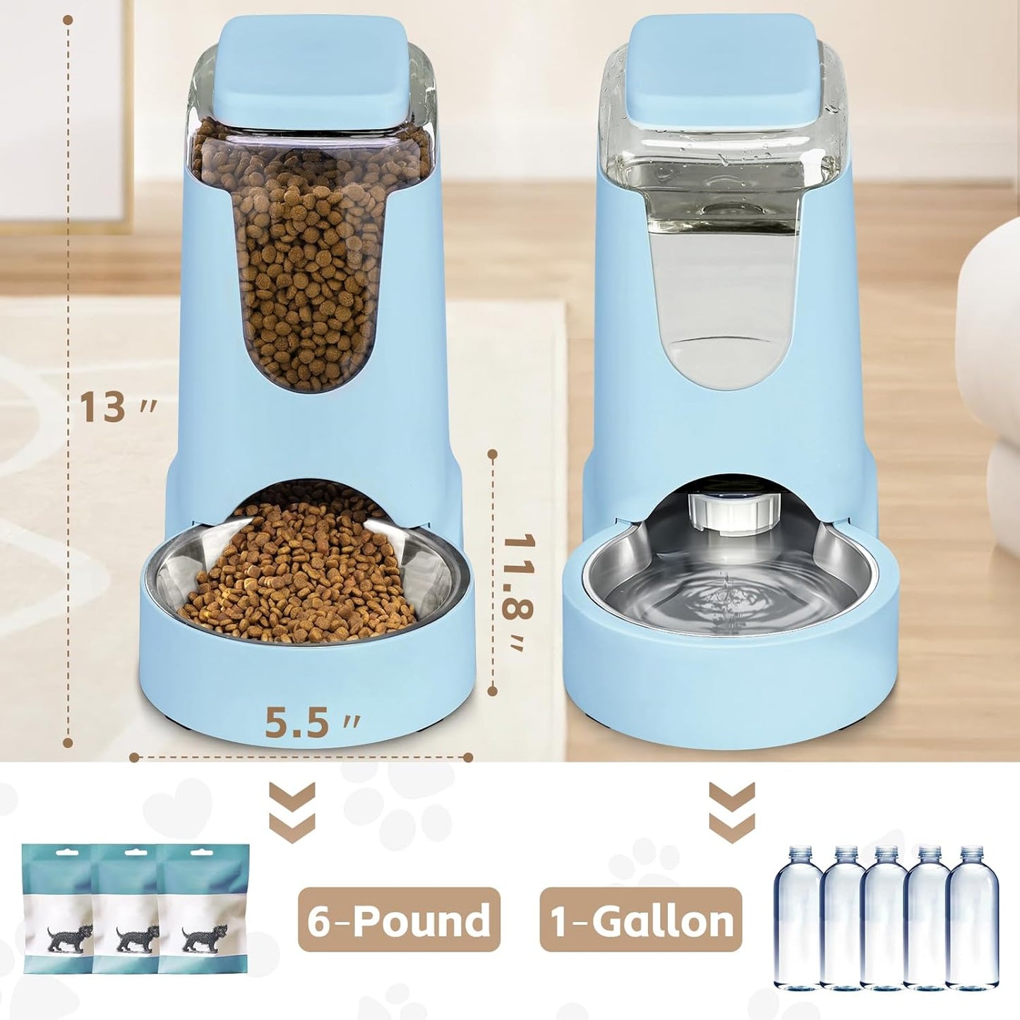 Portable Automatic Cat Feeder and Water Dispenser with Stainless Steel Bowl Dog Gravity Food Feeder and Waterer for Small Medium Pets Puppy Kitten 1 Gallon x 2 (Light Blue(3.8L*2))