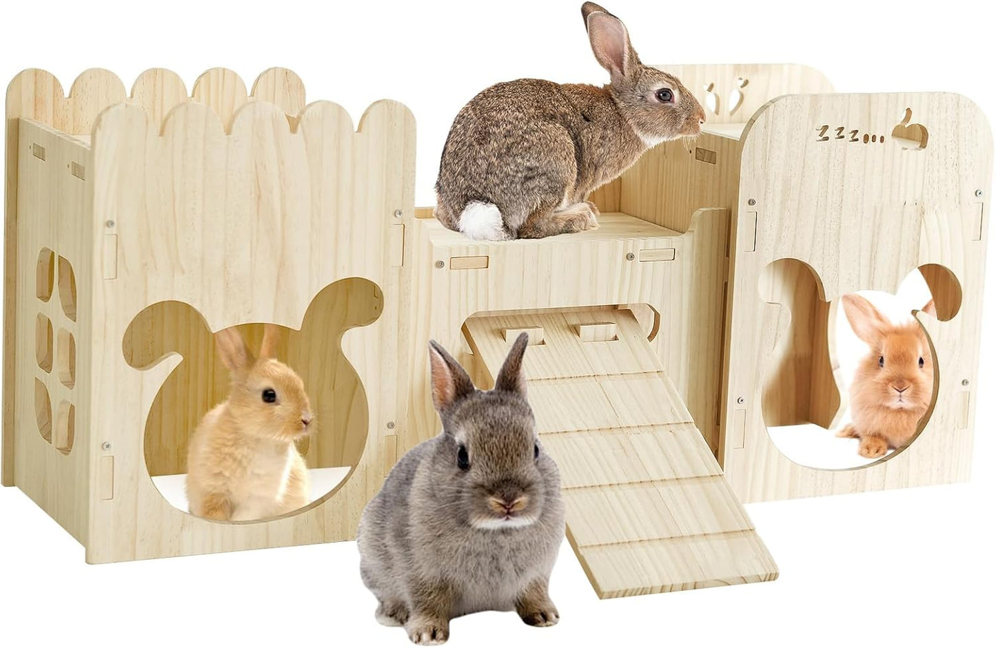 Natural Wooden Rabbit Castle House,Extra Large Hideout for Rabbit Guinea Pig Chinchilla Ferret,Sturdy Bunny House with Stair