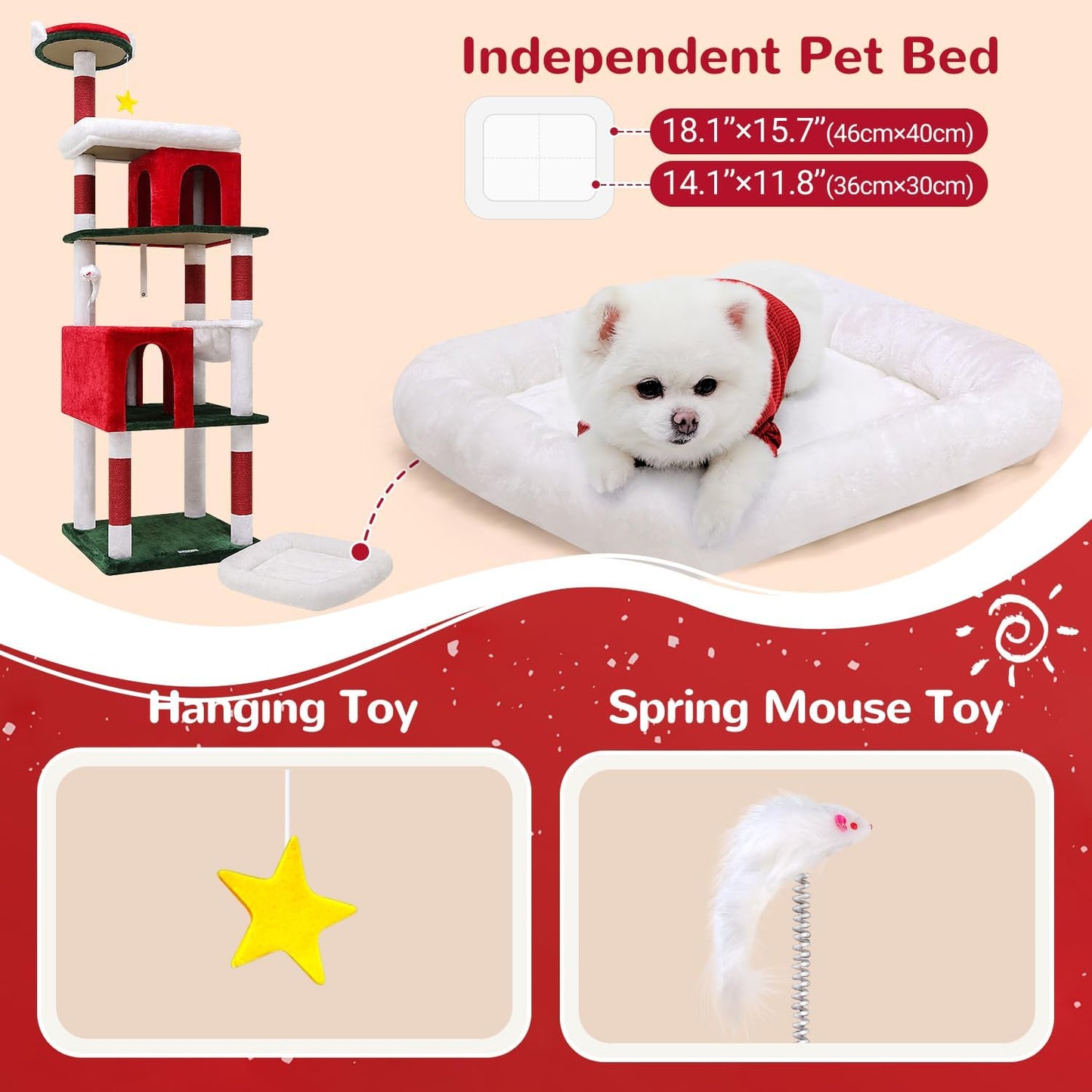 Globlazer Heavy Duty Cat Trees for Large Cats, Sturdy 72in Maine Coon Cat Tree for Large 20 lbs+ Heavy Duty Cat Tower for Adult Biggest Cats with 6 Scratching Posts, Hammock, S72, Red White Green