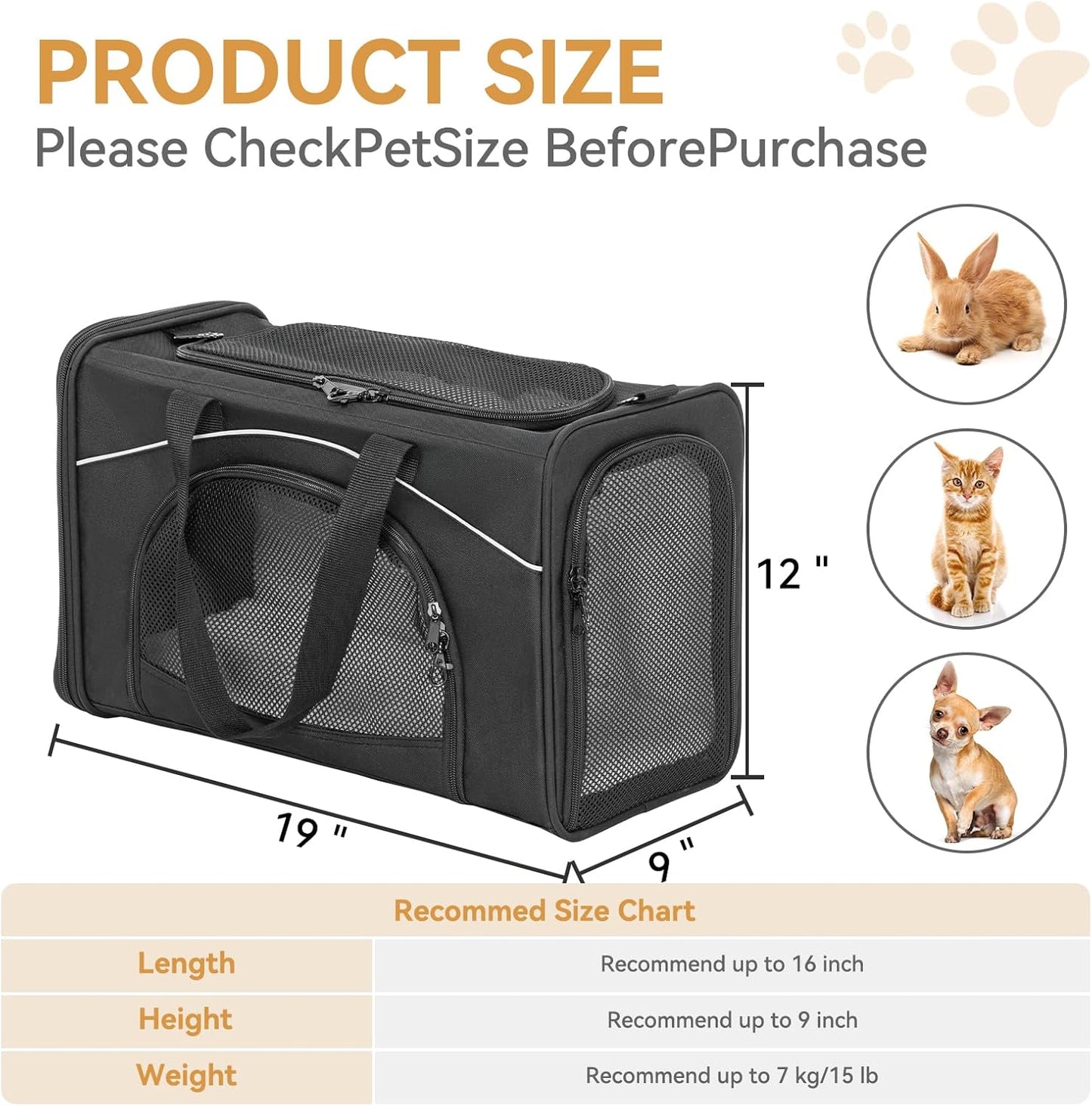 Petsfit Airline Approved Pet Carrier for Small Dogs & Cats, 19x9x12 TSA Approved Carrier, with Removable Dual-Sided Padding (2-Way Placement) - Fits Under Most Airplane Seats, Escape Proof (Black)