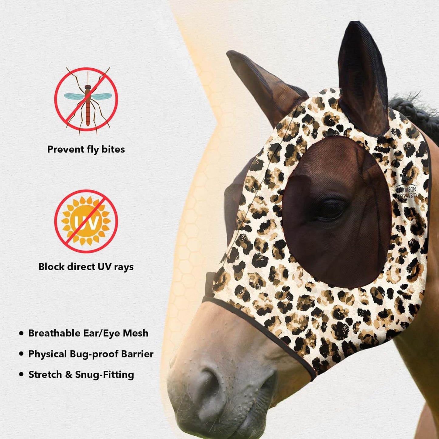 Harrison Howard Super Comfort Stretchy Fly Mask Large Eye Space with UV Protection Soft on Skin with Breathability Leopard Print M Cob