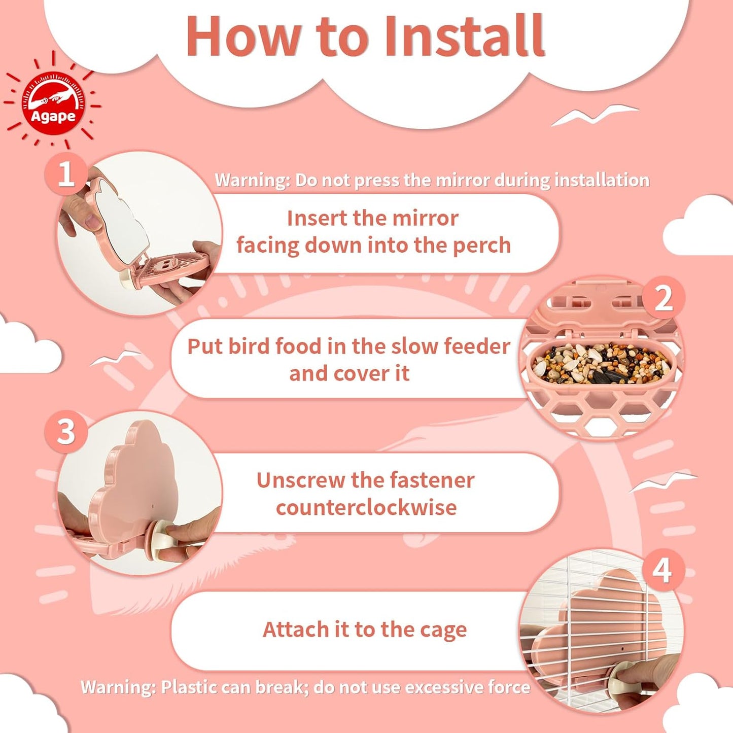 Agape Bird Mirror for Cage, Bird Toys with Perch and Slow Feeder to Expend Energy, Small Parrot Swing, Interactive Toys for Cockatiel, Lovebird, Parakeet, Conure, Finch, and Budgies