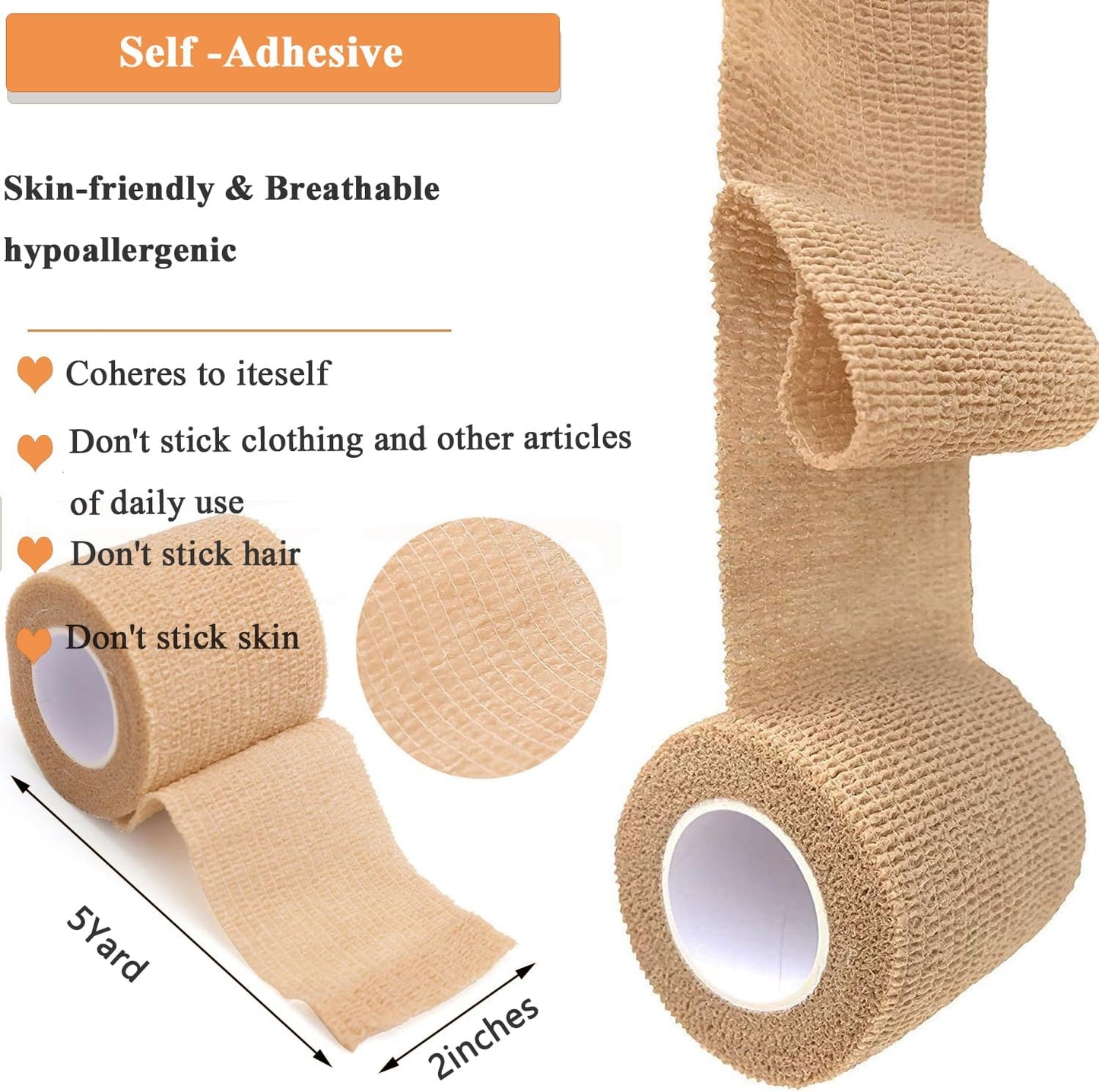 Self Adhesive Tape Wrap 15Rolls,Non-Woven Self Adherent Vet Wrap Tape,5CM x 5Yard | Cohesive Bandage Tape for Wrist & Ankle,Elastic Grip Cover (Skincolor-15Rolls)