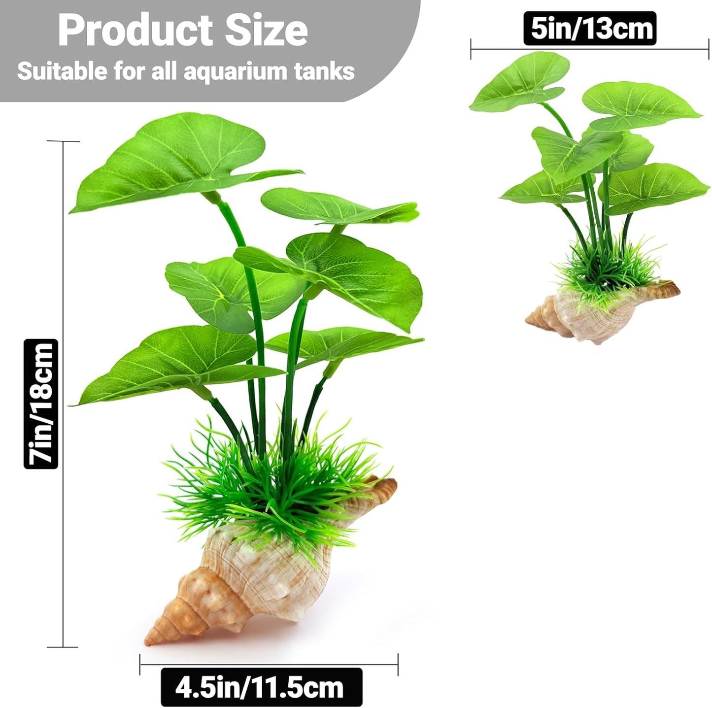7-in Aquarium Decor Silk Plants for Fish Tank Decorations Betta Hammock - Artificial Aquarium Plants Plastic Realistic - Betta Fish Tank Accessories, Fish Hide, Goldfish Decor Natural Conch Shells