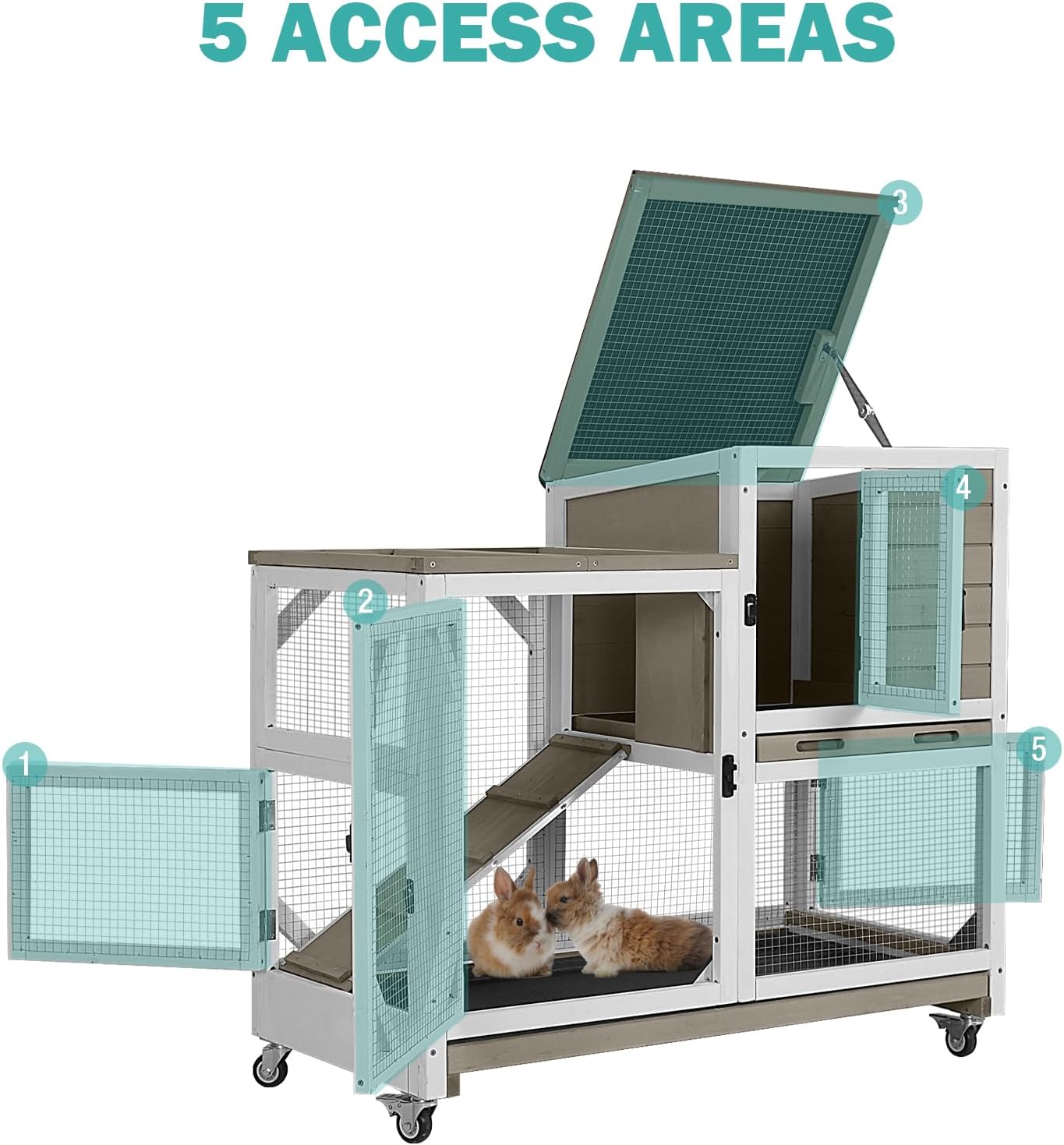 Rabbit Hutch Indoor for 2-4 Rabbits & Guinea Pigs,Bunny Cage with Slide-Out Plastic Trays,Wooden Small Animal Cage for Rabbits, Bunnies, and Guinea Pigs (Light Brown)