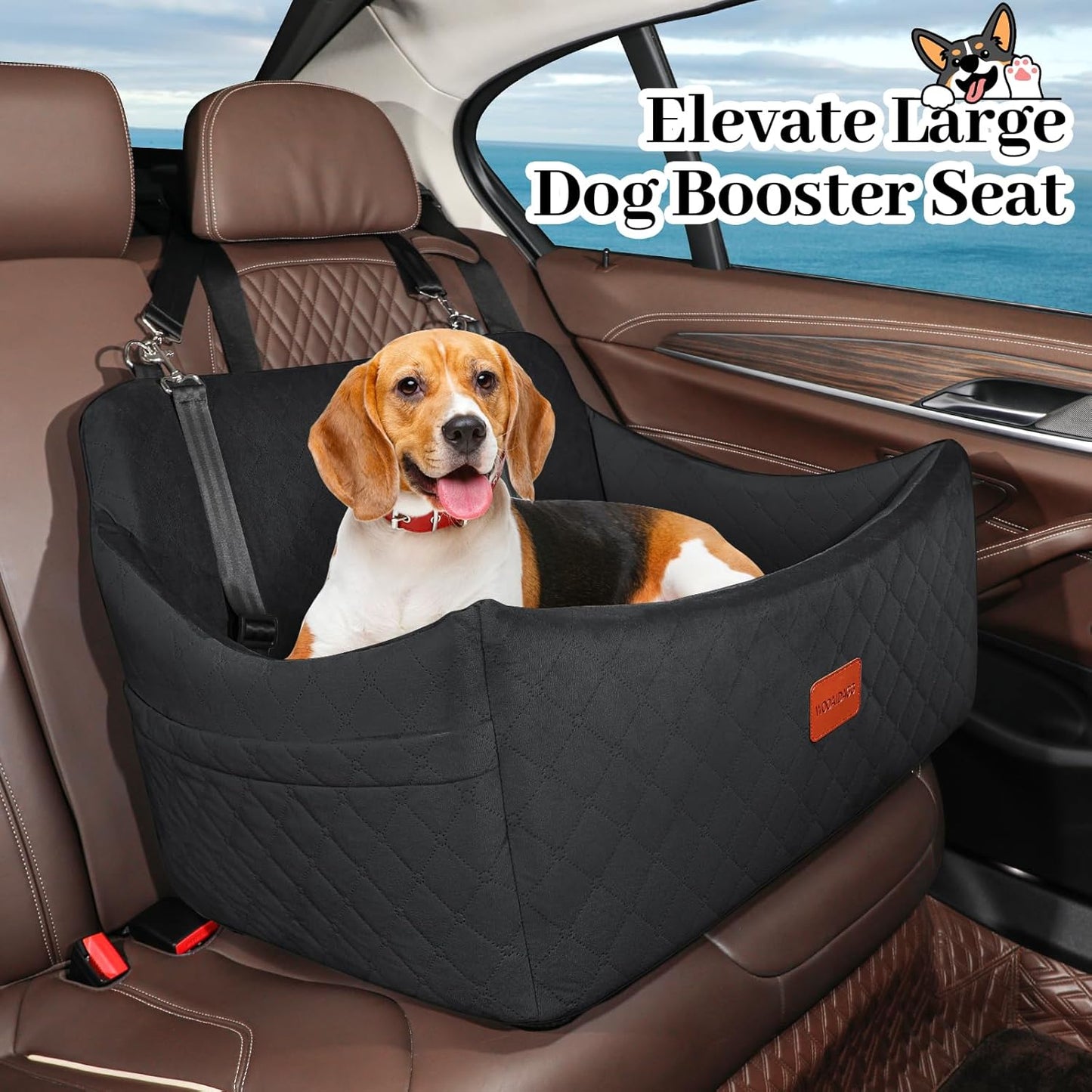 Dog Car Seat for Medium & Large Dogs Up to 55lbs, Memory Foam Cushion, Washable Cover, Safety Straps & Non-Slip Bottom(Black,Large)