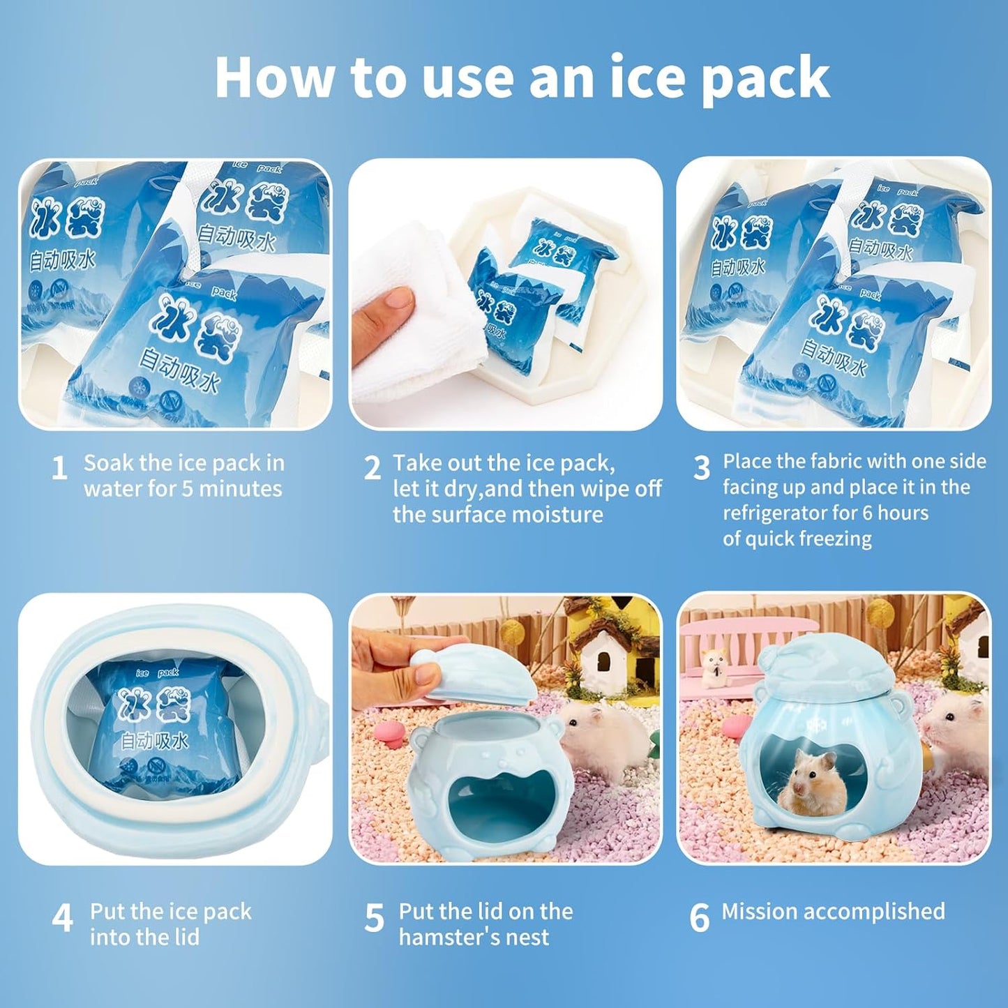 3-in-1 Bear Shaped Ceramic Hamster House - Cool House for Syrian Dwarf Hamsters, Mice, Gerbils, Small Pets, Top for Hamster Food, Removable Lid for Ice Packs, Cute Cool Hideout for Summer(Blue)