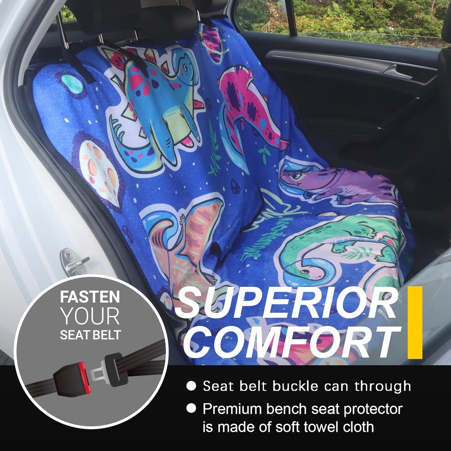 Back Seat Cover for Car Trucks Van SUV,Waterproof Rear Bench Towel Seat Covers for Dogs and Kids,Automotive Backseat Protector (Cartoon Dinosaur)