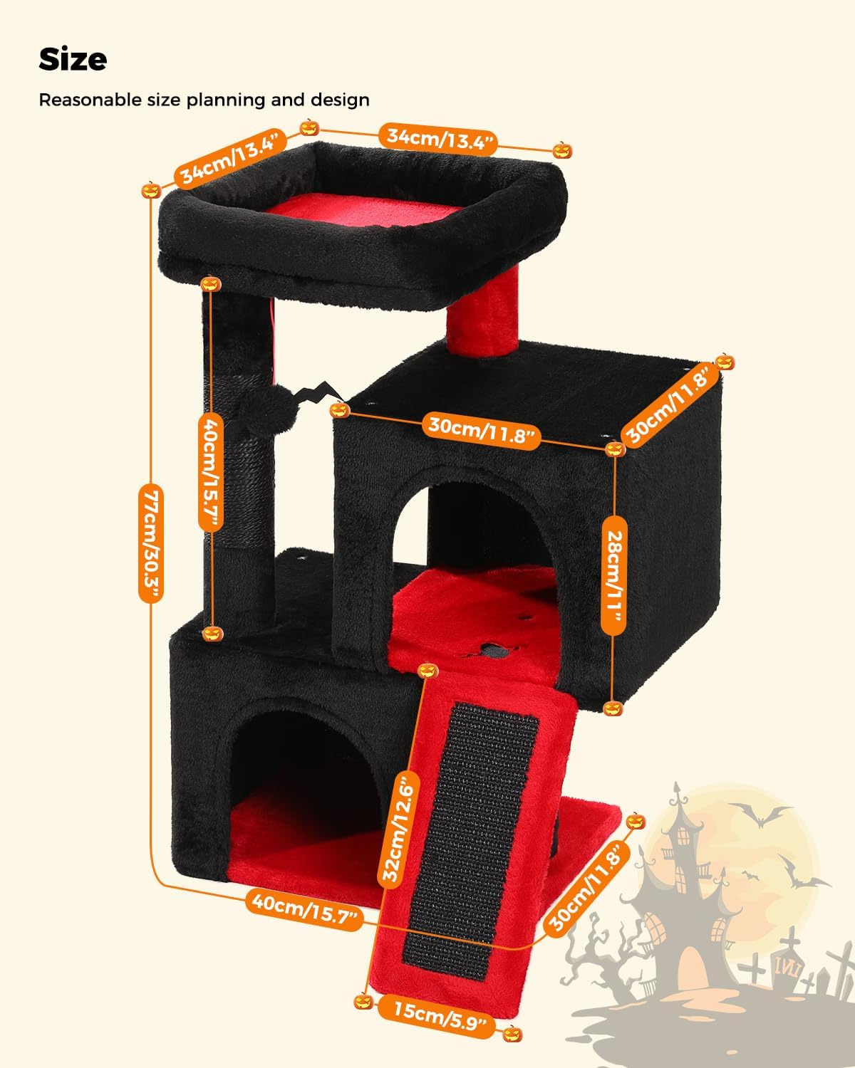 PAWZ Road Gothic Cat Tree, 30 Inches Black Cat Tower with Dual Condos for Indoor Cats, Spooky Cat House with Padded Perch, Scratching Ramp and Posts and Bat Toys
