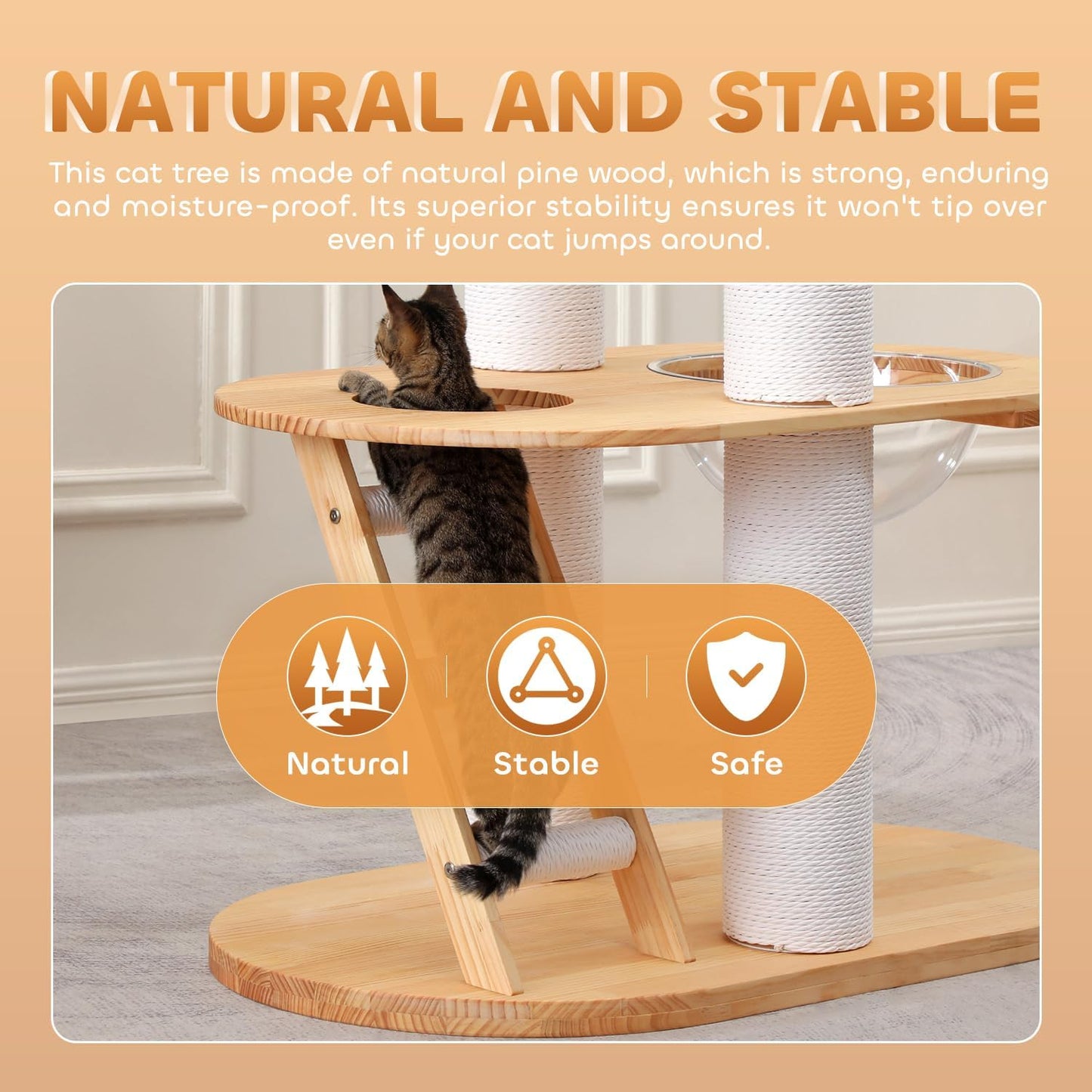 63.6'' Modern Cat Tree Indoor, Solid Wood Cat Tree with Scratching Post for Multi-Cat Families, Tall Cat Tower with Auxiliary Stairs, Huge Condo for Large Cats