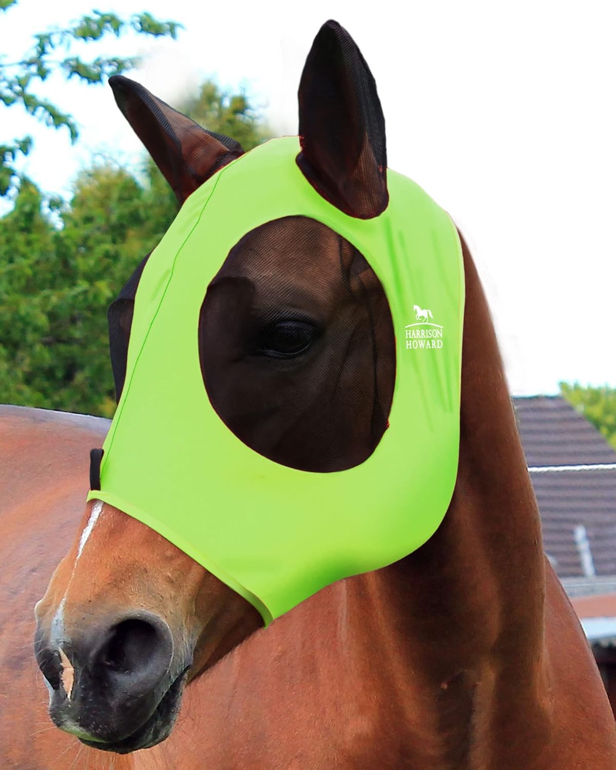 Harrison Howard Super Comfort Stretchy Fly Mask Large Eye Space with UV Protection Soft on Skin with Breathability Fluro Lime Full Size