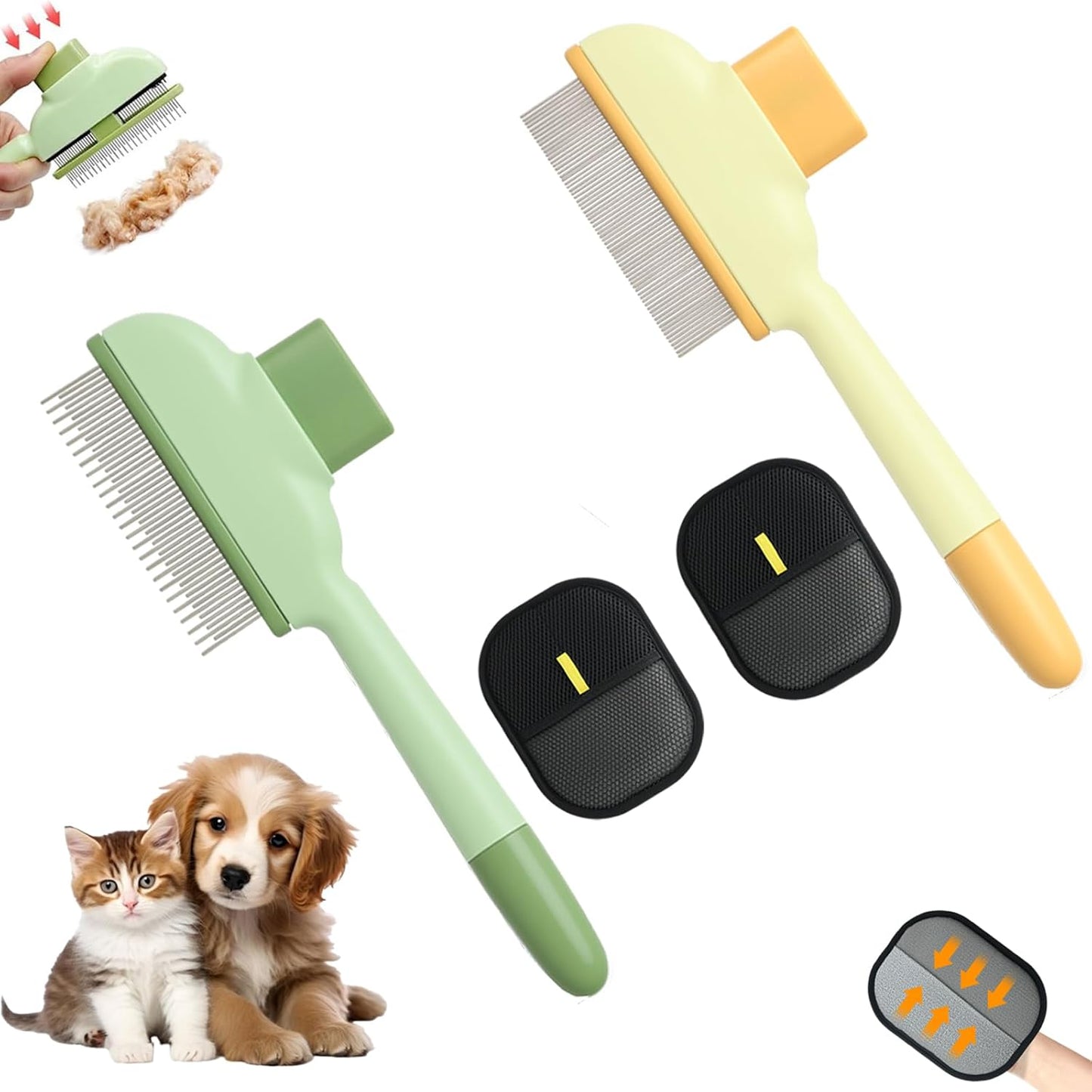 2 Pet Hair Removal Gloves, 2 Flea Combs for Cats and Dog,Reusable Electrostatic Gloves and Long & Short Flea Combs, 4 PCS pet hair removal tools