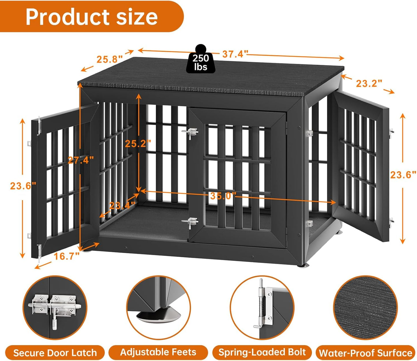 38" Heavy Duty Dog Crate Furniture for Small,Medium and Large Dogs,Rustic Wooden Dog Cage Kennel Indoor Furniture with Waterproof Top,Decorative Pet House Side End Table (Black)