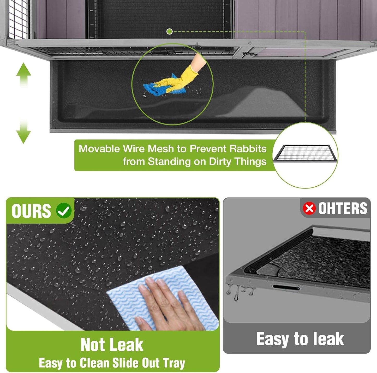 GUTINNEEN Wooden Guinea Pig Cages with Wheels for Indoor & Outdoor, 2-Story Rabbit Cage Bunny Hutch with Wire Mesh & Leakproof Pull-Out Tray for Guinea Pigs, Hamsters, Small Animals (Grey)