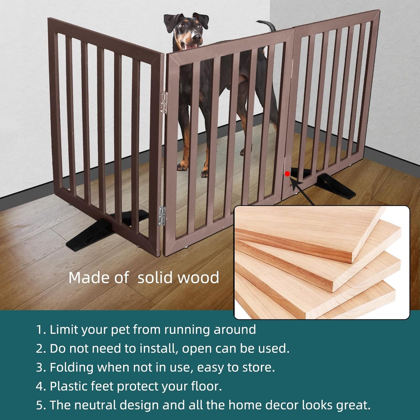 ZJSF Freestanding Indoor Dog Gate for House Foldable Wood Puppy Gate for Doorways Pet Gate for Stairs Extra Wide Pet Fence, Brown, 32" Height 3 Panels