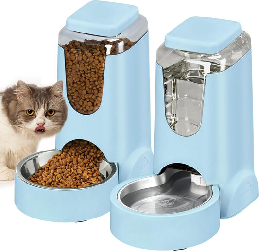 Portable Automatic Cat Feeder and Water Dispenser with Stainless Steel Bowl Dog Gravity Food Feeder and Waterer for Small Medium Pets Puppy Kitten 1 Gallon x 2 (Light Blue(3.8L*2))