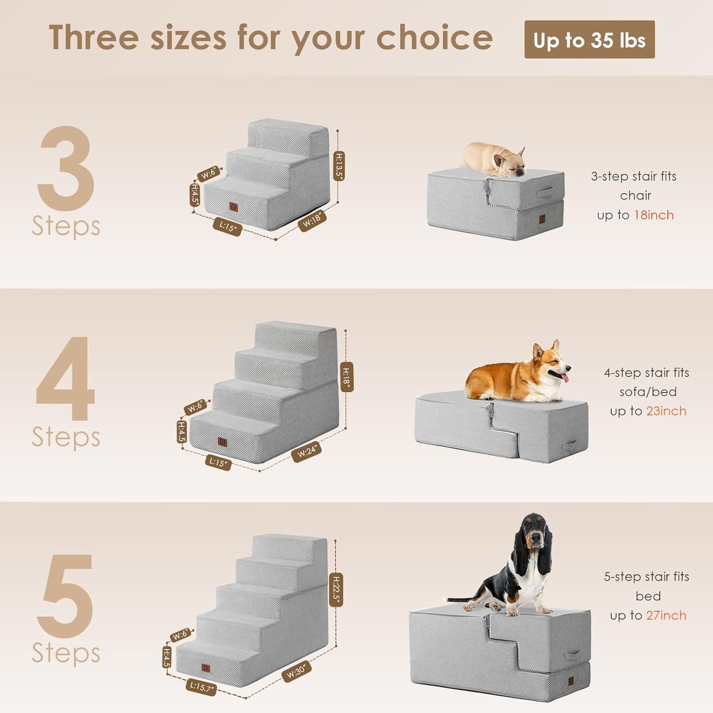 EHEYCIGA Dog Stairs for Small Dogs 13.5" H, 3-Step Dog Steps for Couch Sofa and Chair, Pet Steps for Medium Cats, Non-Slip Balanced Pet Ramp Indoor, Light Grey