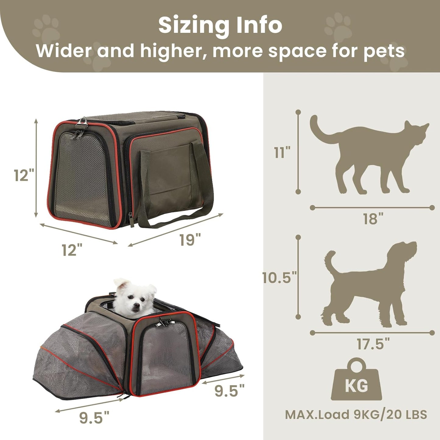 Petsfit 2 Side Expandable Pet Carrier Dog Carrier Cat Carrier for 2 Cats, 19" Lx 12" Wx 12" H, with Soft Cushion, Built-in Safety Rope, Pockets, Fit for Car Travel