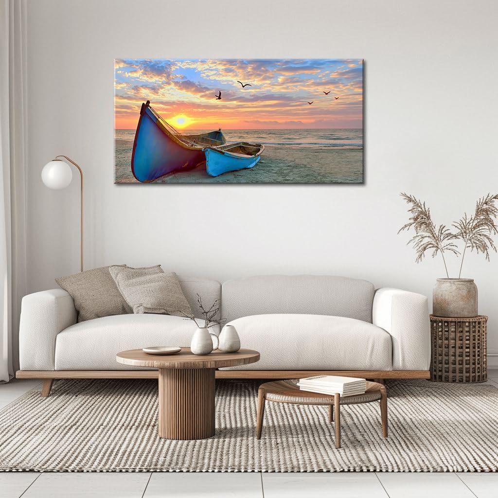 Ocean Sunset Canvas Wall Art for Living Room Sail Boat Framed Artwork Seascape Painting Coastal Pictures for Bedroom Office Wall Decoration 20x40 Inch