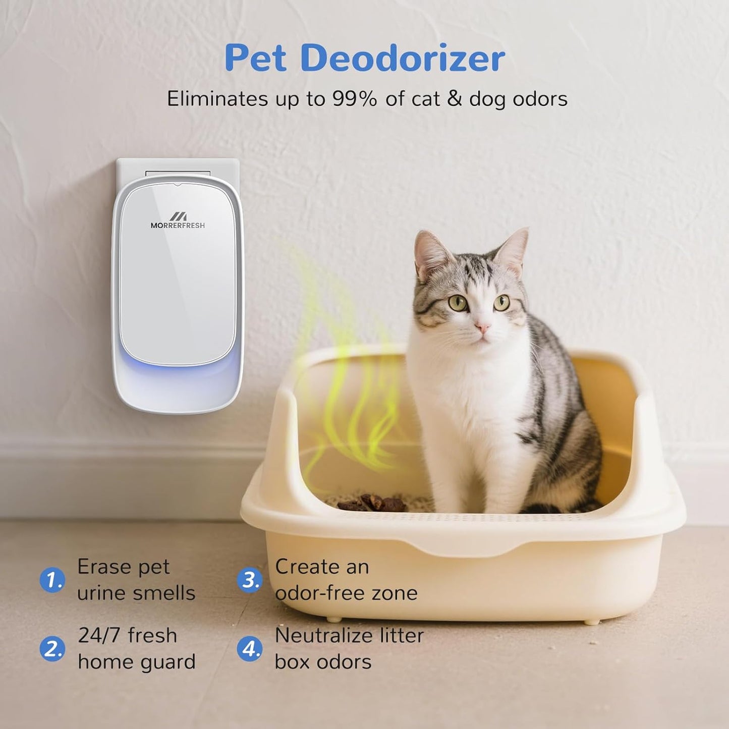 Cat Litter Deodorizer โ 99% Odor Eliminator for Strong Pet Odors, Plug In Negative Ion Air Purifier for Litter Box, Home, Kitchen, Bathroom, Ozone-Free & Quiet Portable