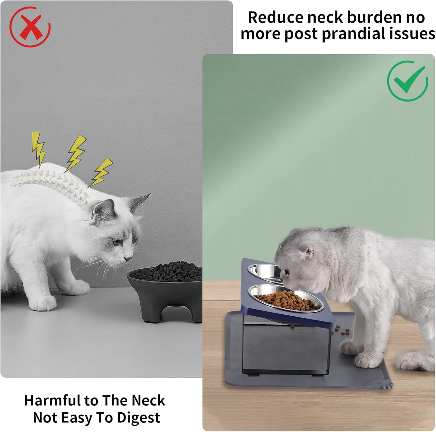 Upgraded Elevated Cat Bowls with Food Mat,15°Tilted Stand Anti Vomiting Raised Cat Dishes for Food and Water,2 Stainless Steel Bowls for Cats and Puppies(Navy Blue)