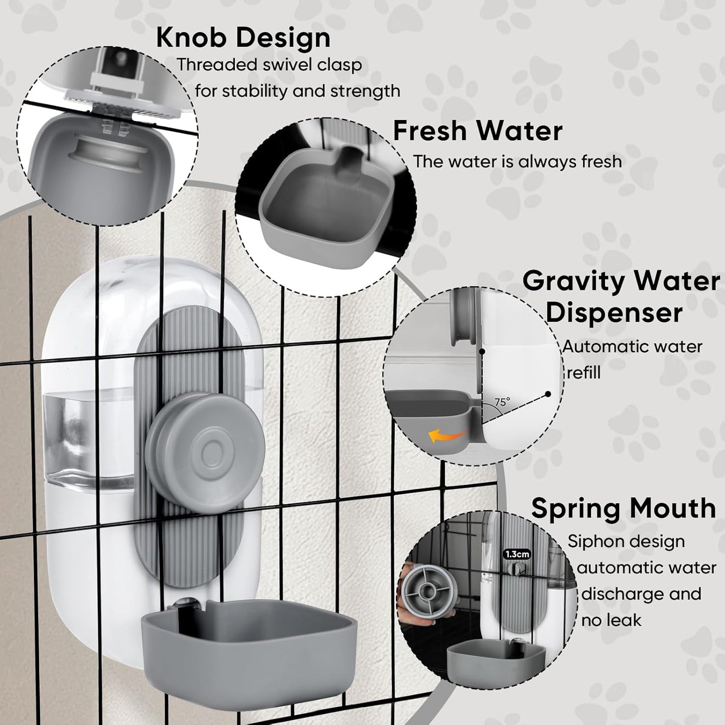 28oz Hanging Automatic Water Dispenser,Rabbit Water Bottle,Bunny Guinea Pig Ferret Water Bowl for Cage,Suitable for Small Animal Puppies(Cage Grid Spacing Over 1.2'') (Gray)