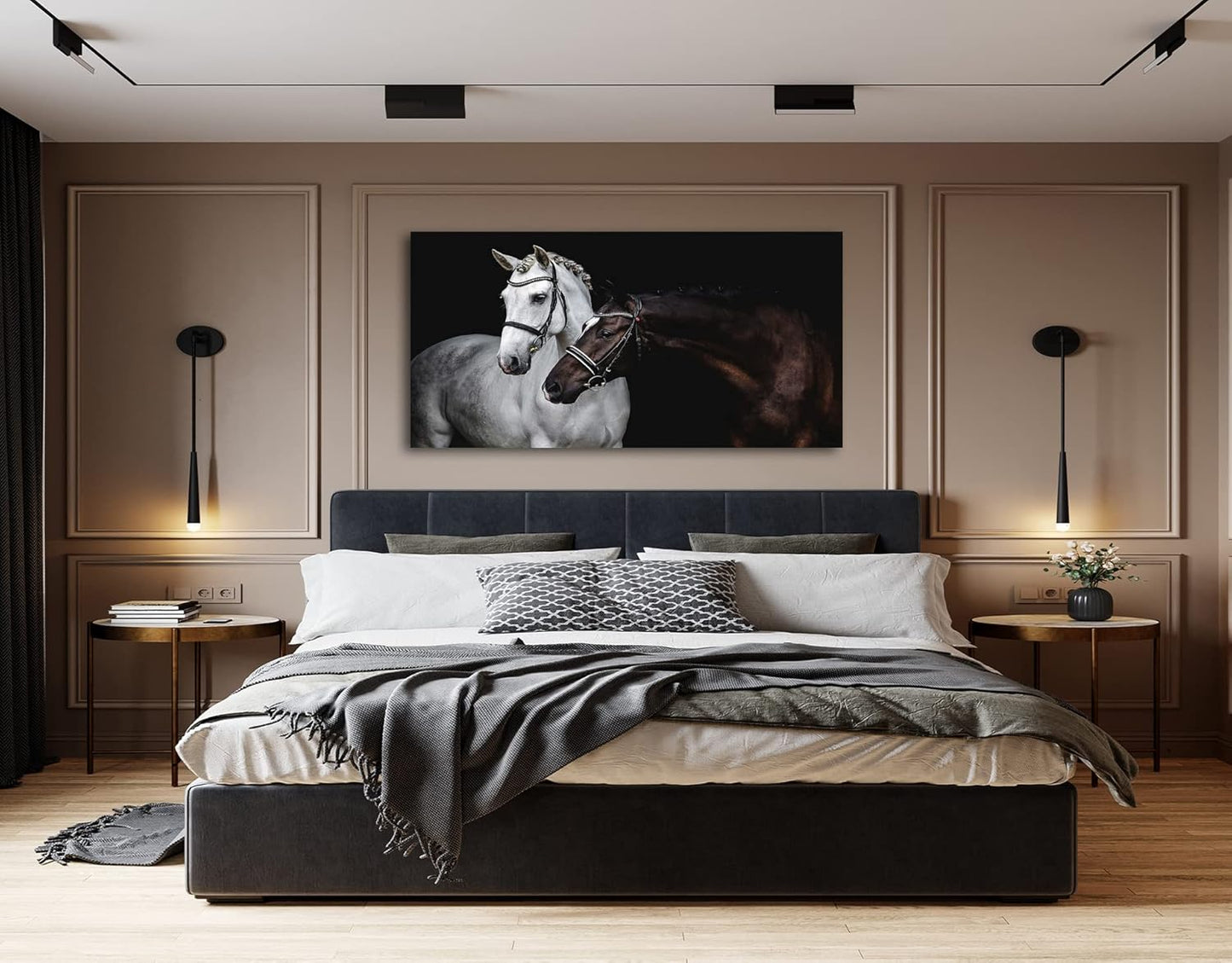 LK0650-Jiuqinghua Wall Art Canvas Print Picture White and Brown Horses 1 Panel Wild Animal Painting Artwork for Living Room Bedroom Office Home Wall Decor Stretched and Framed Ready to Hang