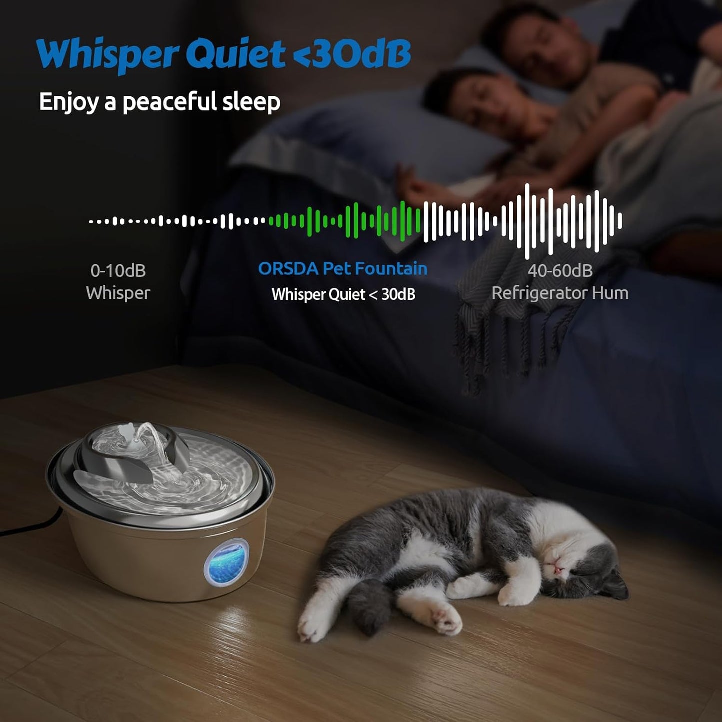 ORSDA Stainless Steel Cat Water Fountain, Automatic Pet Drinking Fountain, 100oz/3L Dog Water Dispenser with LED Water Level Window- 9Pcs Filtersďź D66