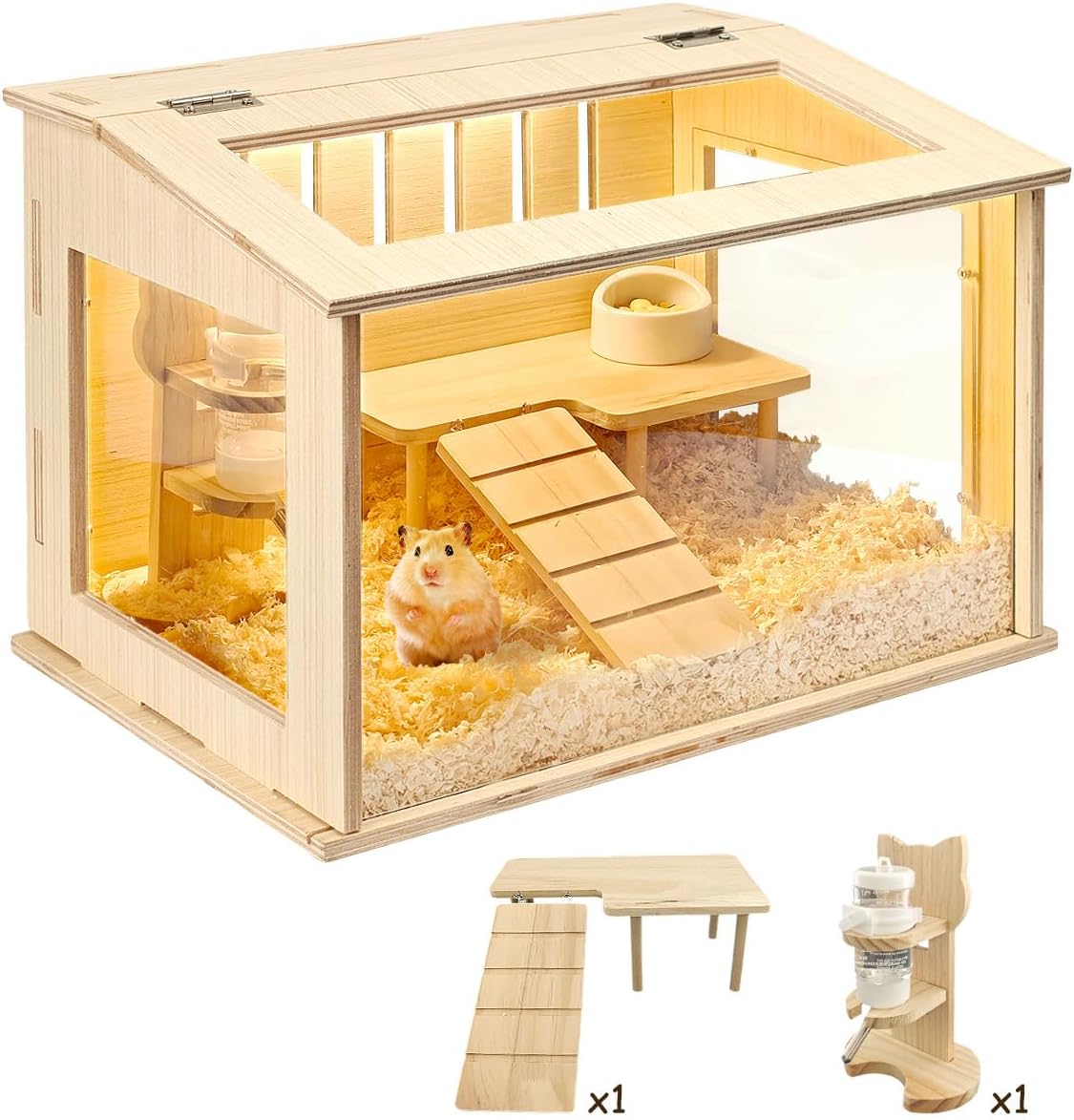 Small Wooden Hamster Cage for Dwarf Hamsters, 15.8" Portable Habitat with Acrylic Panels & Openable Top, Includes Water Bottle & Platform for Robo, Winter White Hamsters & Campbell’s Dwarf Hamsters