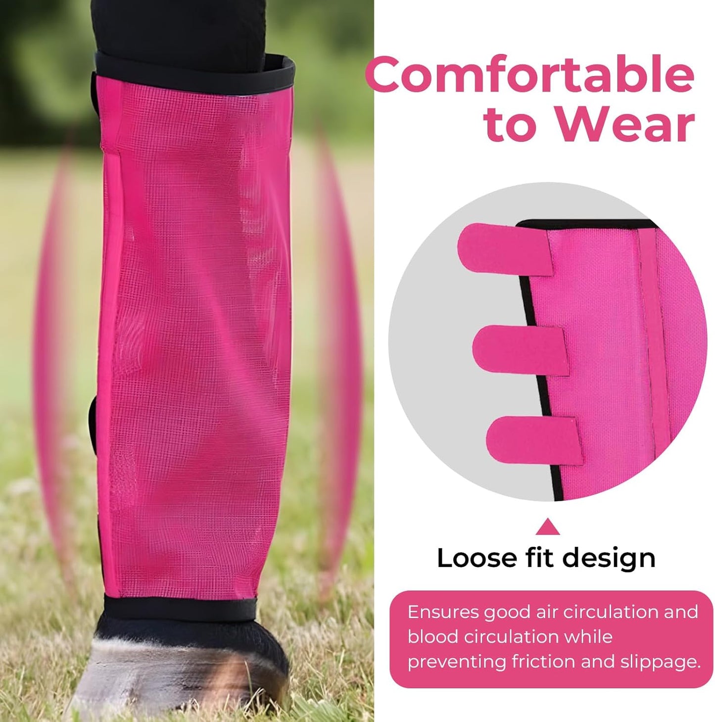 Mesh Horse Fly Boots Set of 4,Adjustable and Universal Loose Fitting & Non-Slip Horse Fly Leggings for Horses,Reduce Stressful Stomping (Pink)