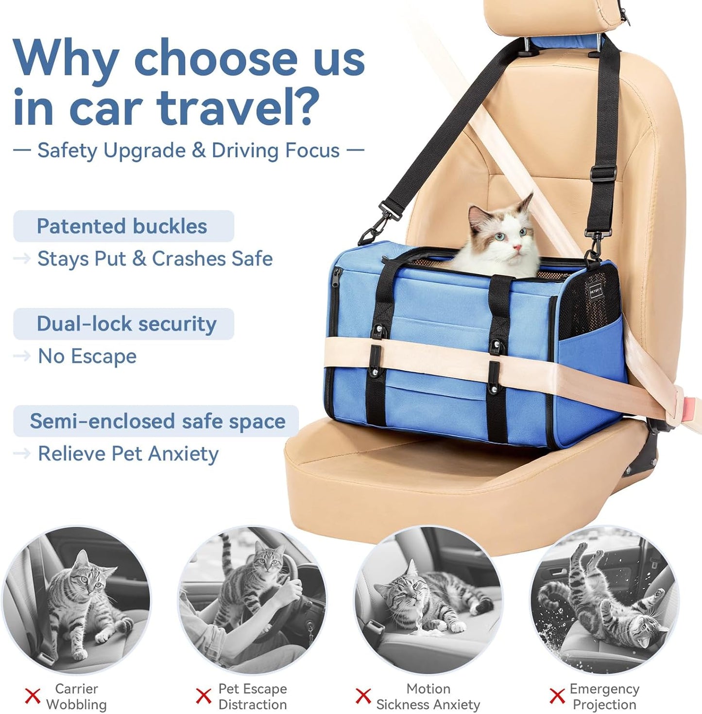 PETSFIT Soft-Sided Cat Carriers & Car Seats with Patent Safe Buckles, Clip-On Harness,18"x11"x11" Airline Approved Pet Carrier - 9 lbs Capacity (Blue)