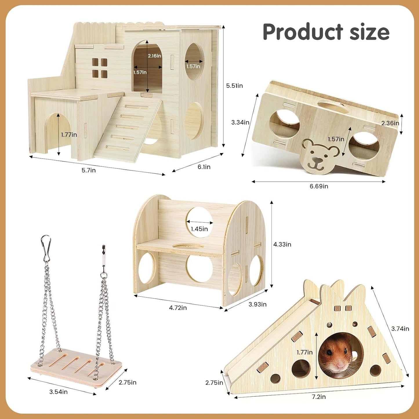Hamster Toys 5-Piece Set ,Hamster House, Swing, Climbing Ladder, Seesaw & Exercise Wheel,Pet DIY Sport Exercise Toys Set, Small Animal Habitat Accessories ,Gerbils, Mice(Natural Wood)