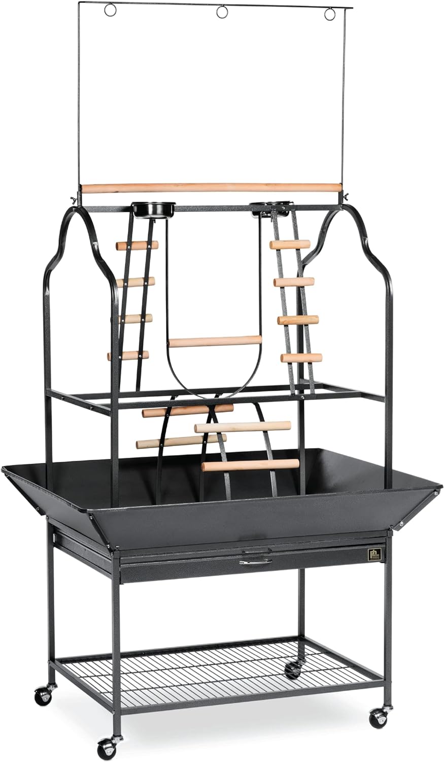 Prevue Pet Products Large Parrot Playstand with Wheels, Bird Stand Activity Play Center with Perches and Ladders, Indoor Outdoor Playground for Birds, Black Hammertone Finish