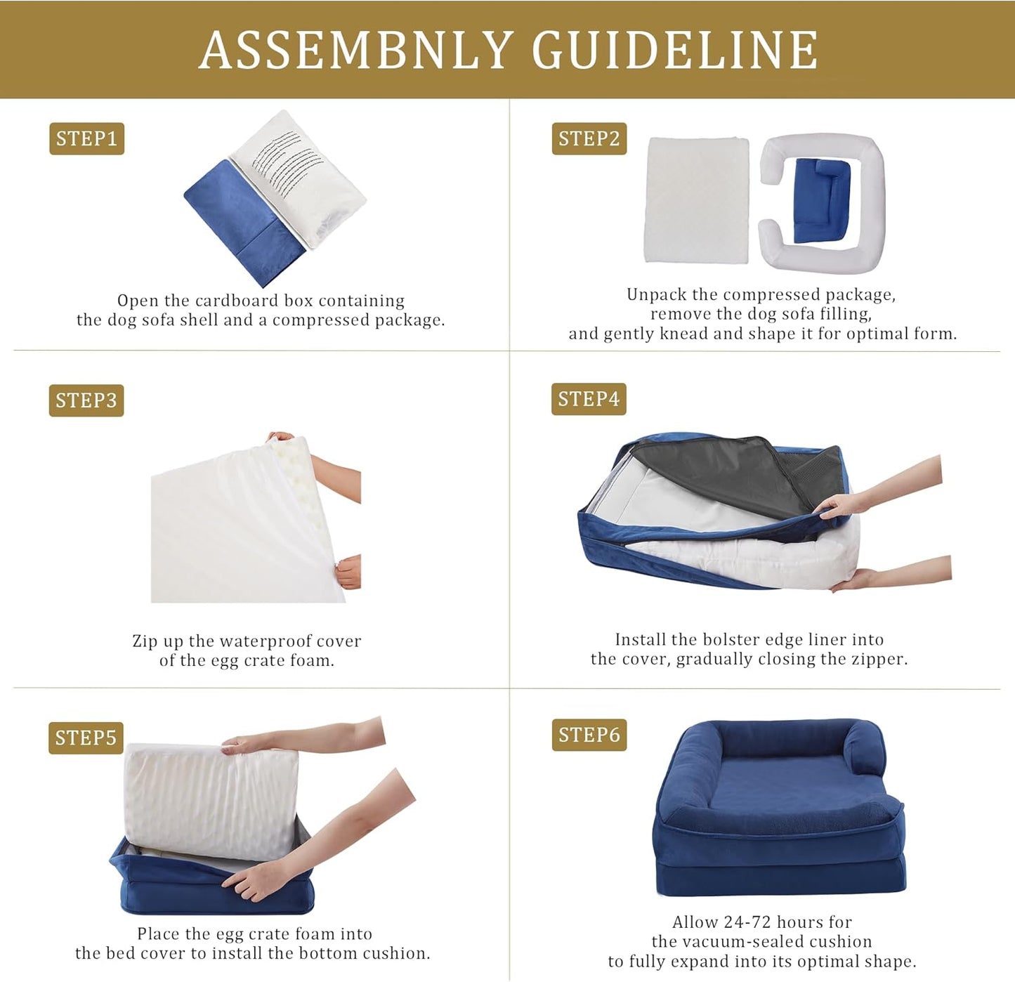 Bedfolks Orthopedic Dog Bed, Big Waterproof Dog Sofa Bed for Large Dogs, Egg Foam Pet Couch Bed with Removable Washable Cover and Nonslip Bottom, Navy Blue