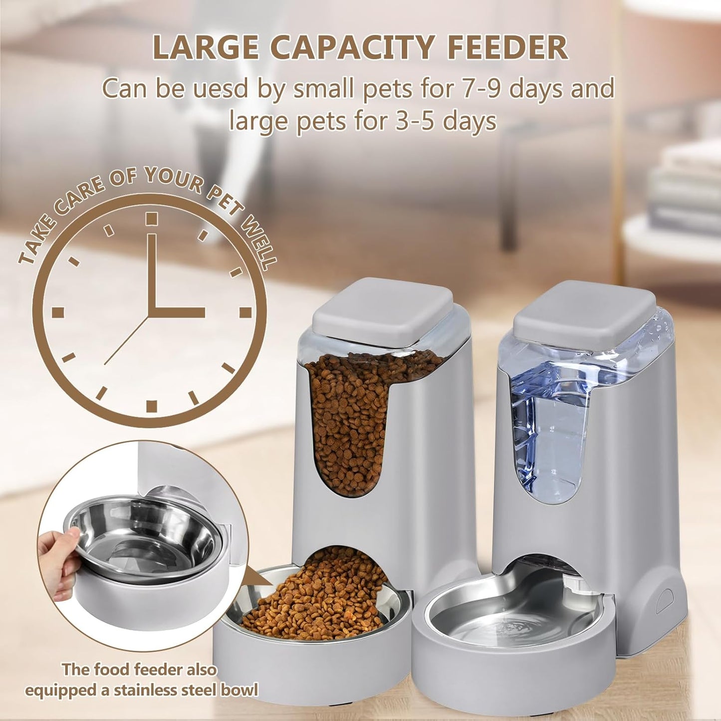 HWONMTE Portable Automatic Cat Feeder and Water Dispenser with Stainless Steel Bowl Dog Gravity Food Feeder and Waterer for Small Medium Pets Puppy Kitten 1 Gallon x 2 (Silver Gray)