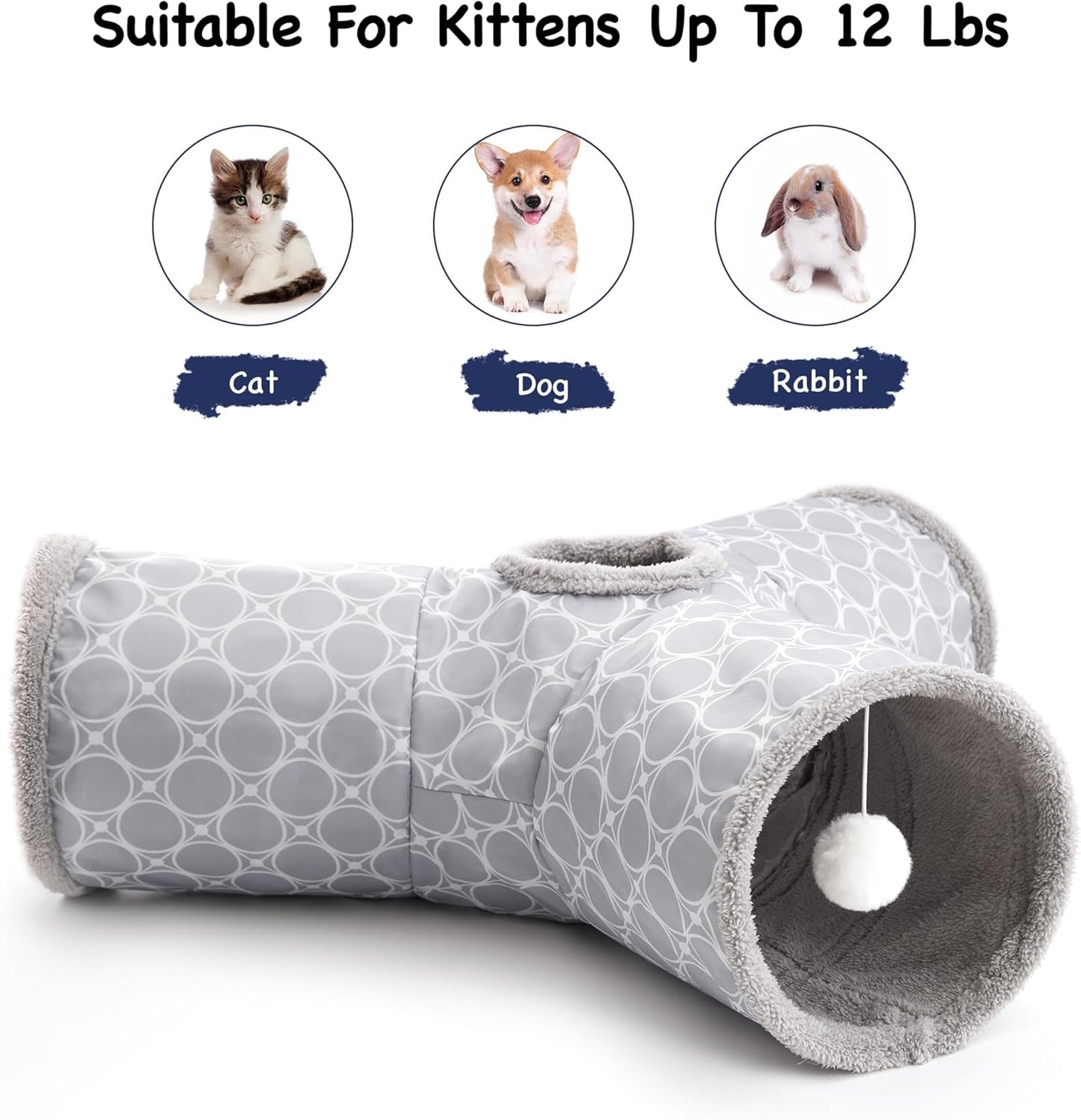 Tempcore Pet Cat Tunnel Tube Cat Toys 3 Way Collapsible, Cat Tunnels for Indoor Cats Fleece-Lined in for Warmth,Kitty Tunnel Bored Pet Toys Peek Hole Toy Ball Cat, Puppy, Kitten, Geometry Grey