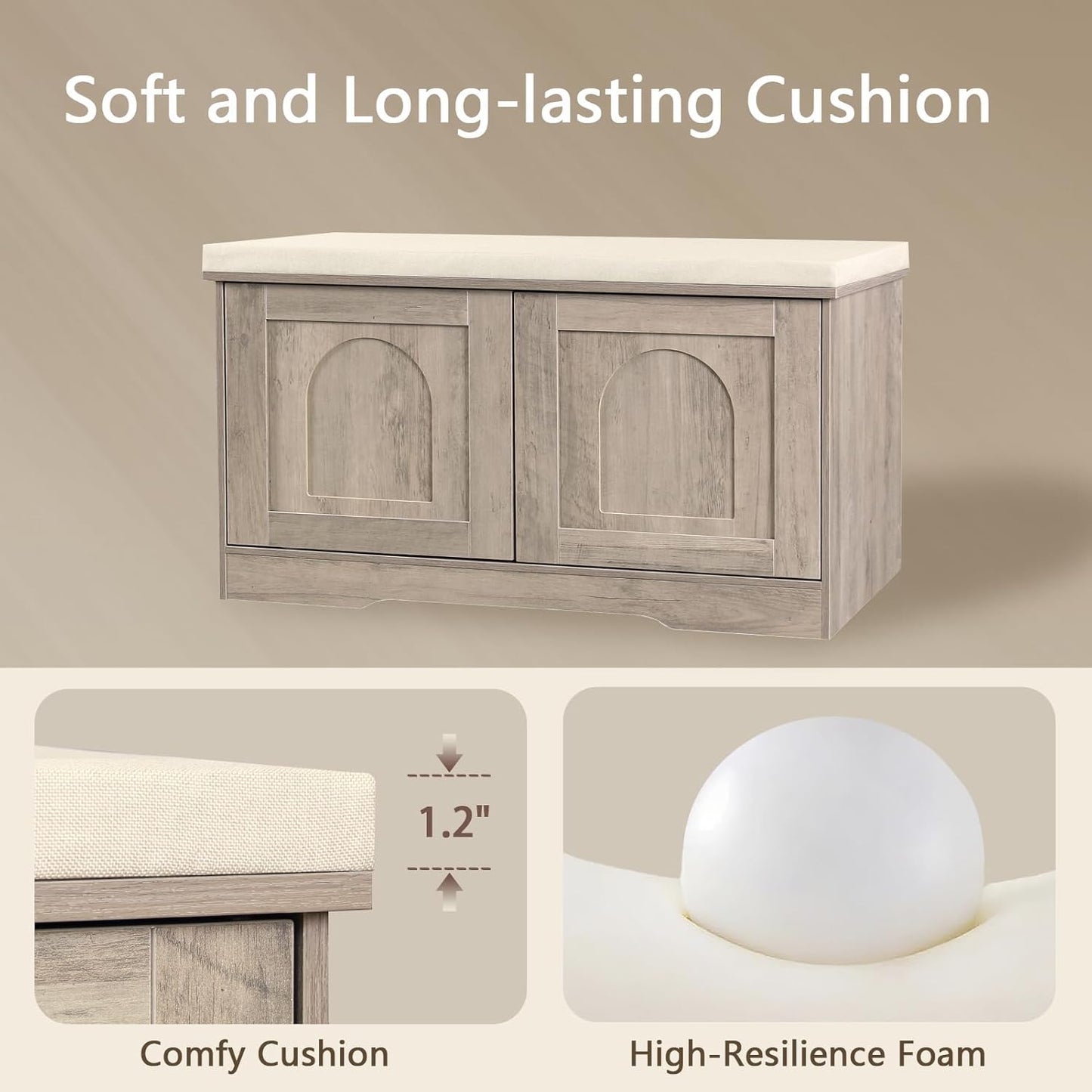 DINZI LVJ Shoe Bench, Entryway Storage Bench with Doors, Cushion, 2-Tier Shoe Rack with 6-Cubby, 31.5”L x 13.8”W Shoe Organizer Cabinet, Adjustable Shelf, Living Room, Bedroom, Greige