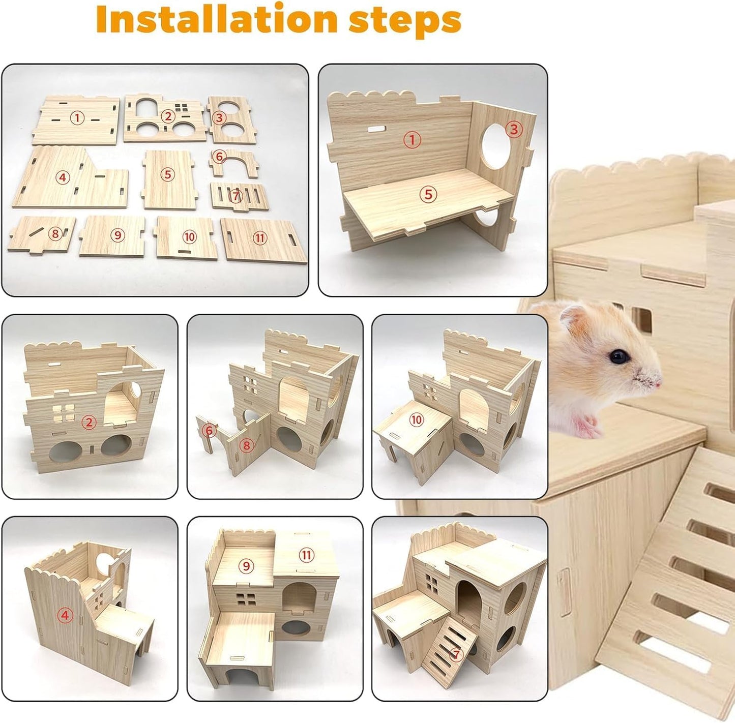 Hamster Toys 5-Piece Set ,Hamster House, Swing, Climbing Ladder, Seesaw & Exercise Wheel,Pet DIY Sport Exercise Toys Set, Small Animal Habitat Accessories ,Gerbils, Mice(Natural Wood)