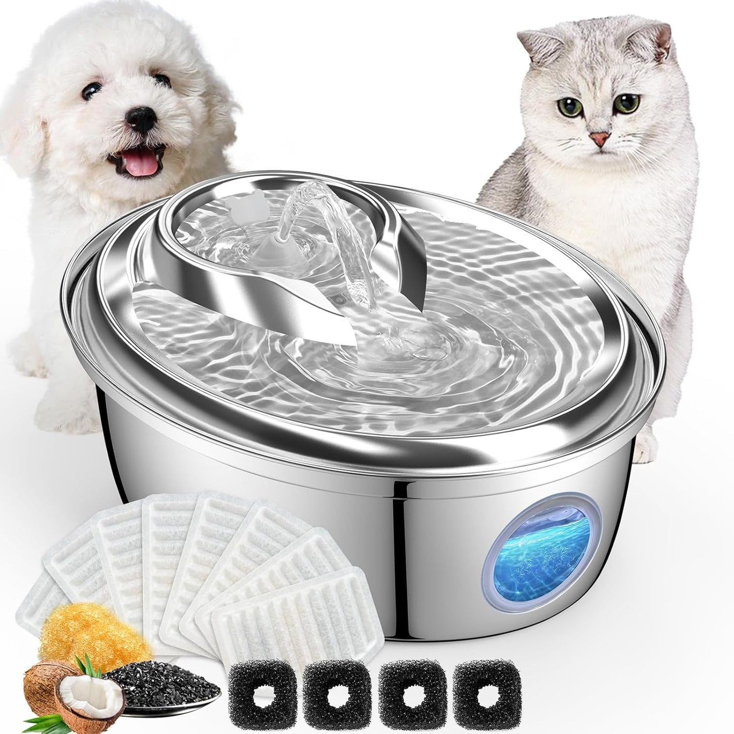 ORSDA Stainless Steel Cat Water Fountain, 100oz/3L Automatic Pet Drinking Fountain, Dog Water Dispenser Bowl with LED Window for Cats and Small & Medium Dogs- 12Pcs Filters( D66