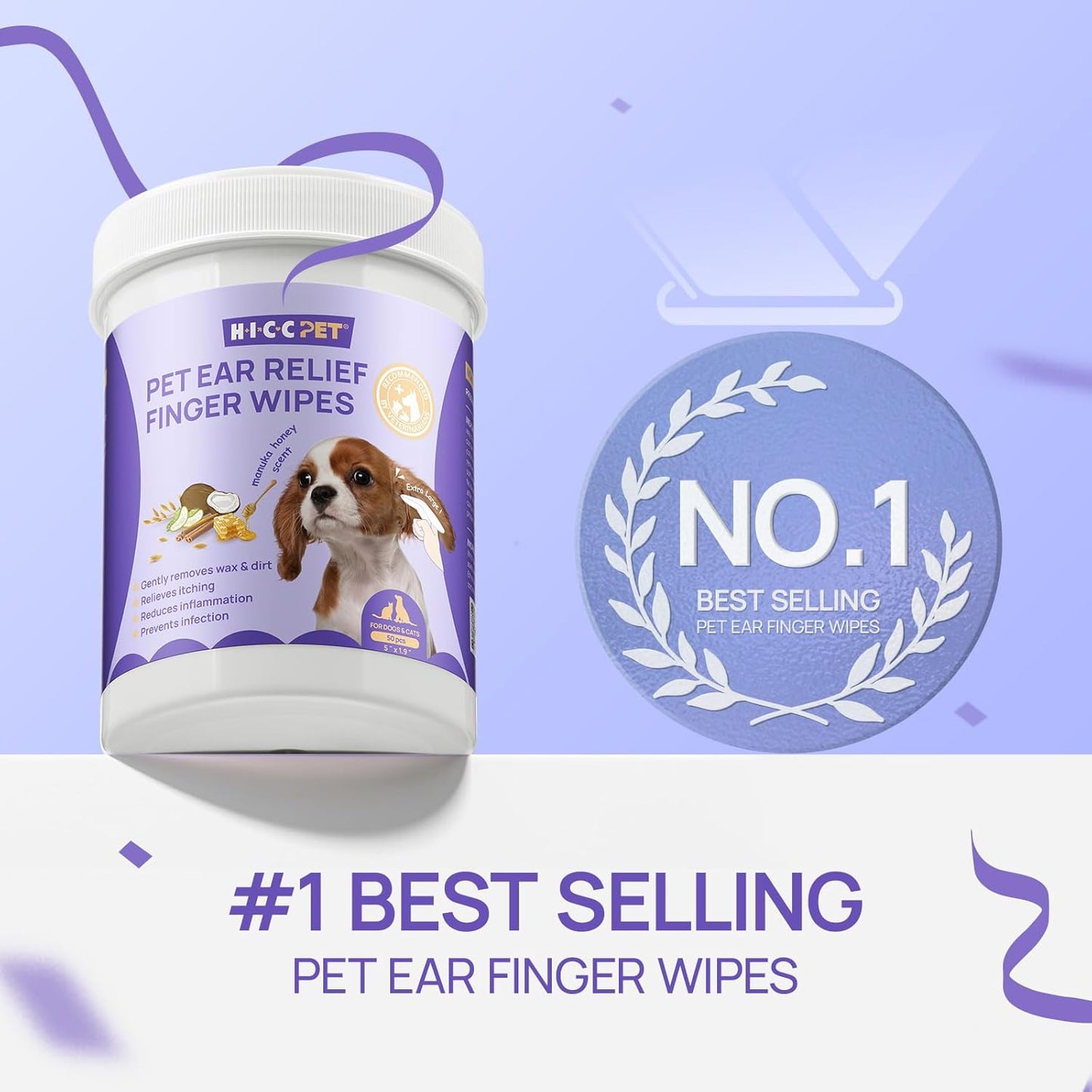 HICC PET Dog Ear Wipes Finger 50 Count Dog Ear Cleaner Wipes for Dogs & Cats, Dog Ear Infection Treatment to Relieve Ear Itching & Inflammation, Remove Ear Wax, Dirt, Smelly - Honey Scent