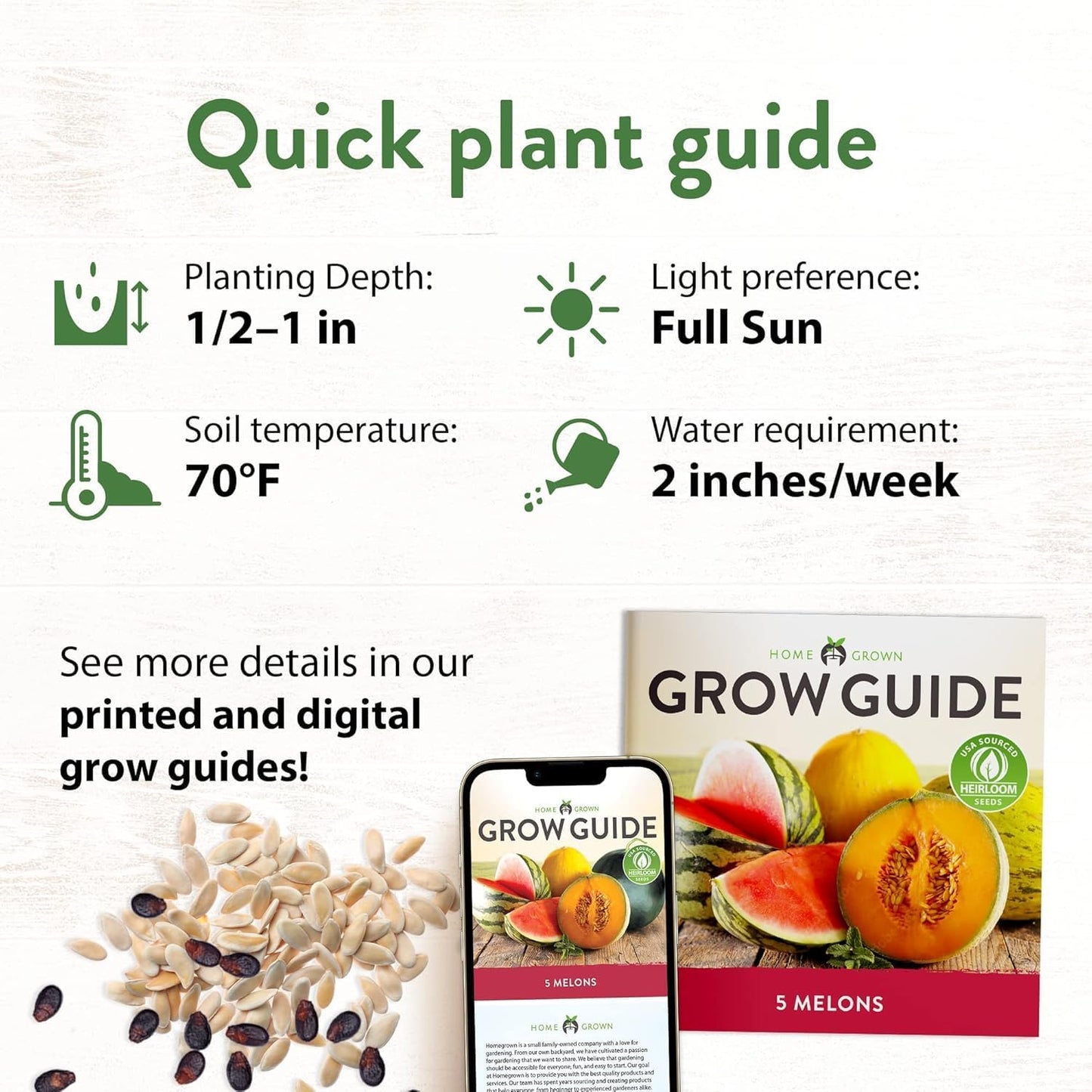 HOME GROWN π¨π¦π π£π₯ππ ππ¨π  Melon Seeds Variety Pack 5 π‘π’π‘-ππ π’ Heirloom Vegetable Seeds, Watermelon Cantaloupe Honeydew Sugar Baby & Melon, High Germination for Planting Home Garden Indoors