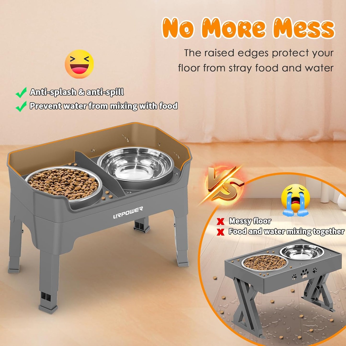 URPOWER 3-in-1 Elevated Dog Bowls - Mess Proof Double Deck 4 Height Adjustable Raised Stand with 2 Stainless Steel Food Bowls & Licking Plate for Small, Medium & Large Dogs